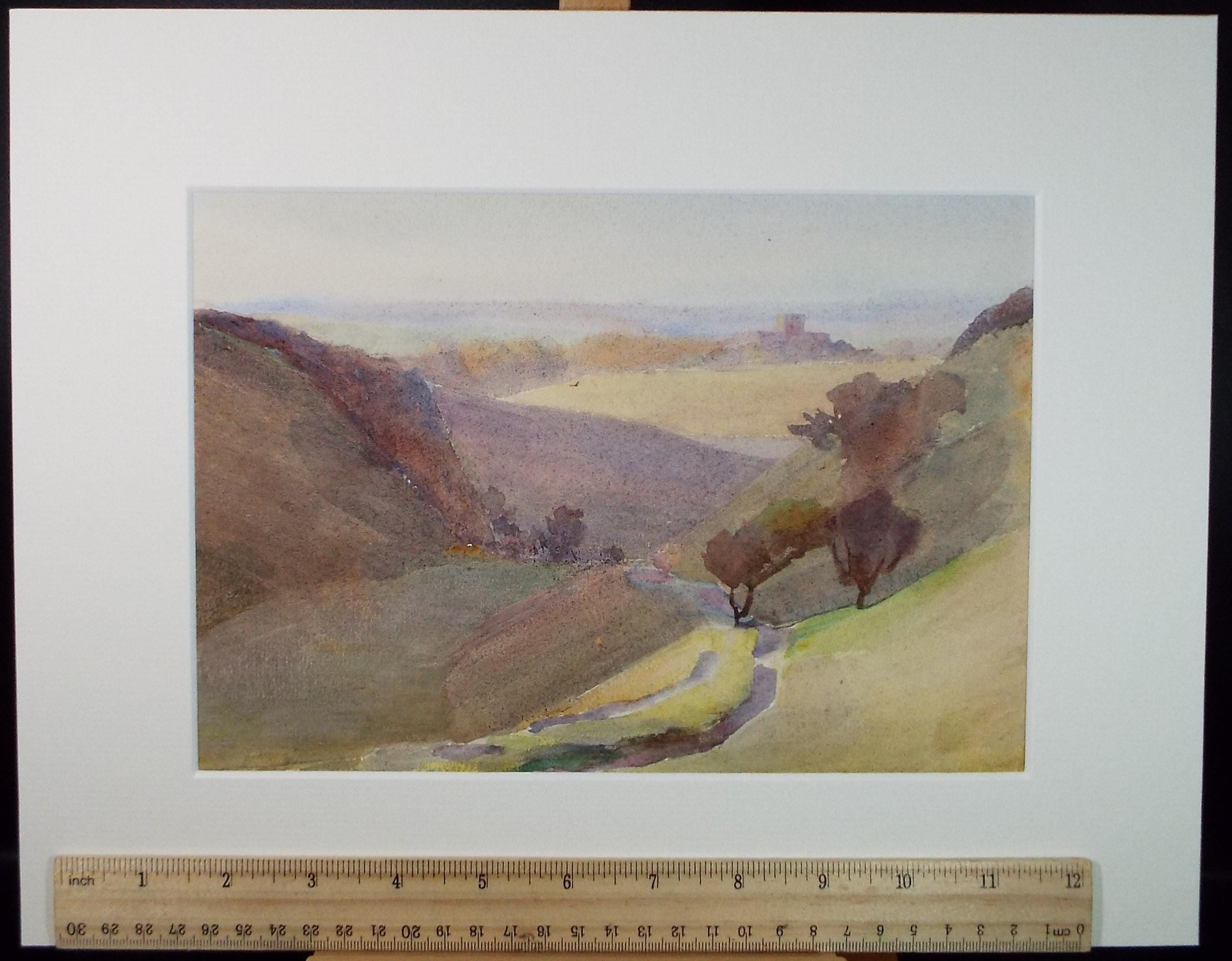 Original Watercolour, 'Landscape with distant Church', Artist Unknown, circa 1950's