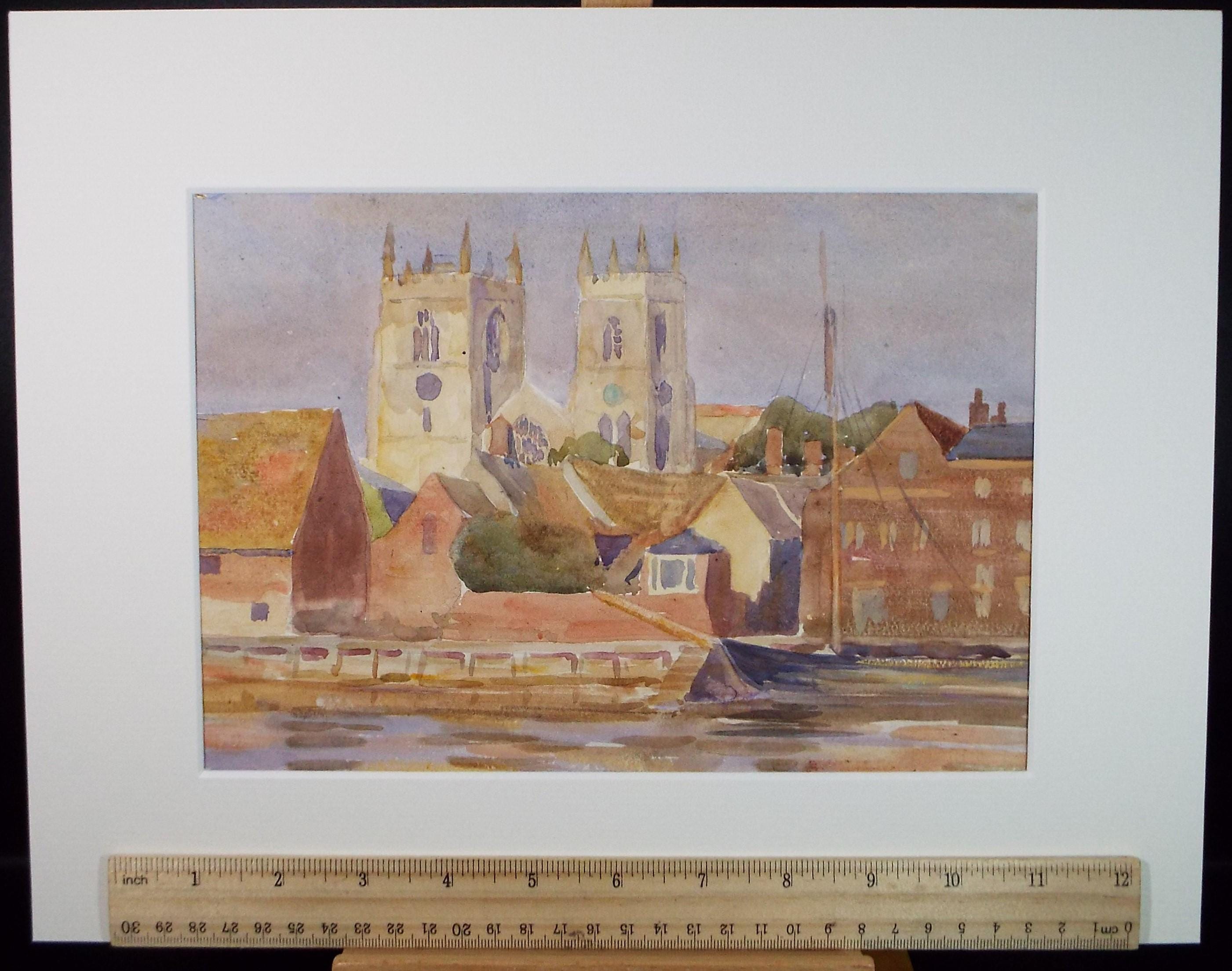 Original Watercolour, 'Quayside with Church Tower', circa 1950's, Artist Unknown