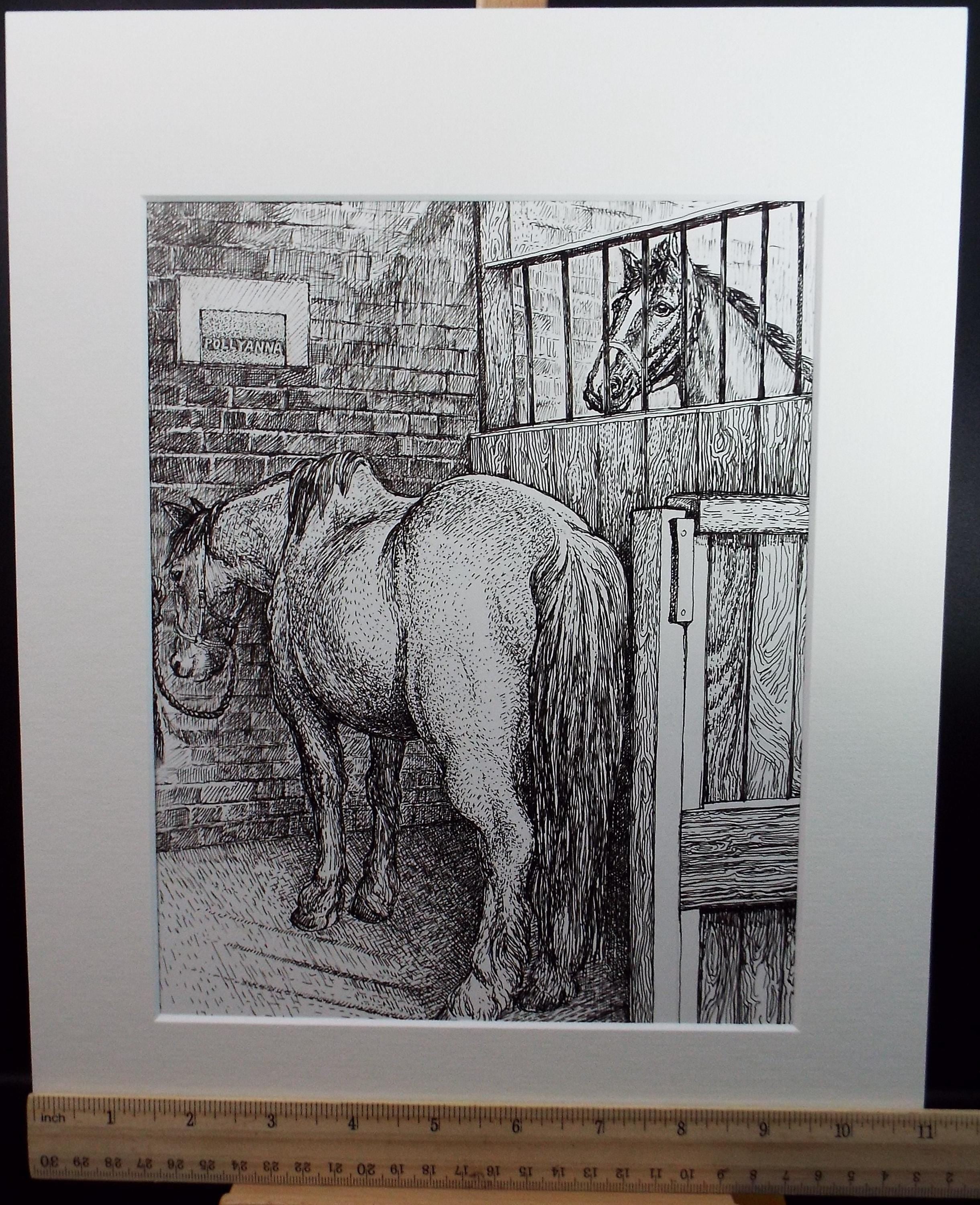 Original Scraperboard & ink drawing, 'Pollyanna in the Stable', Lorraine Abraham RSMA (1941-2023), Circa 1990's