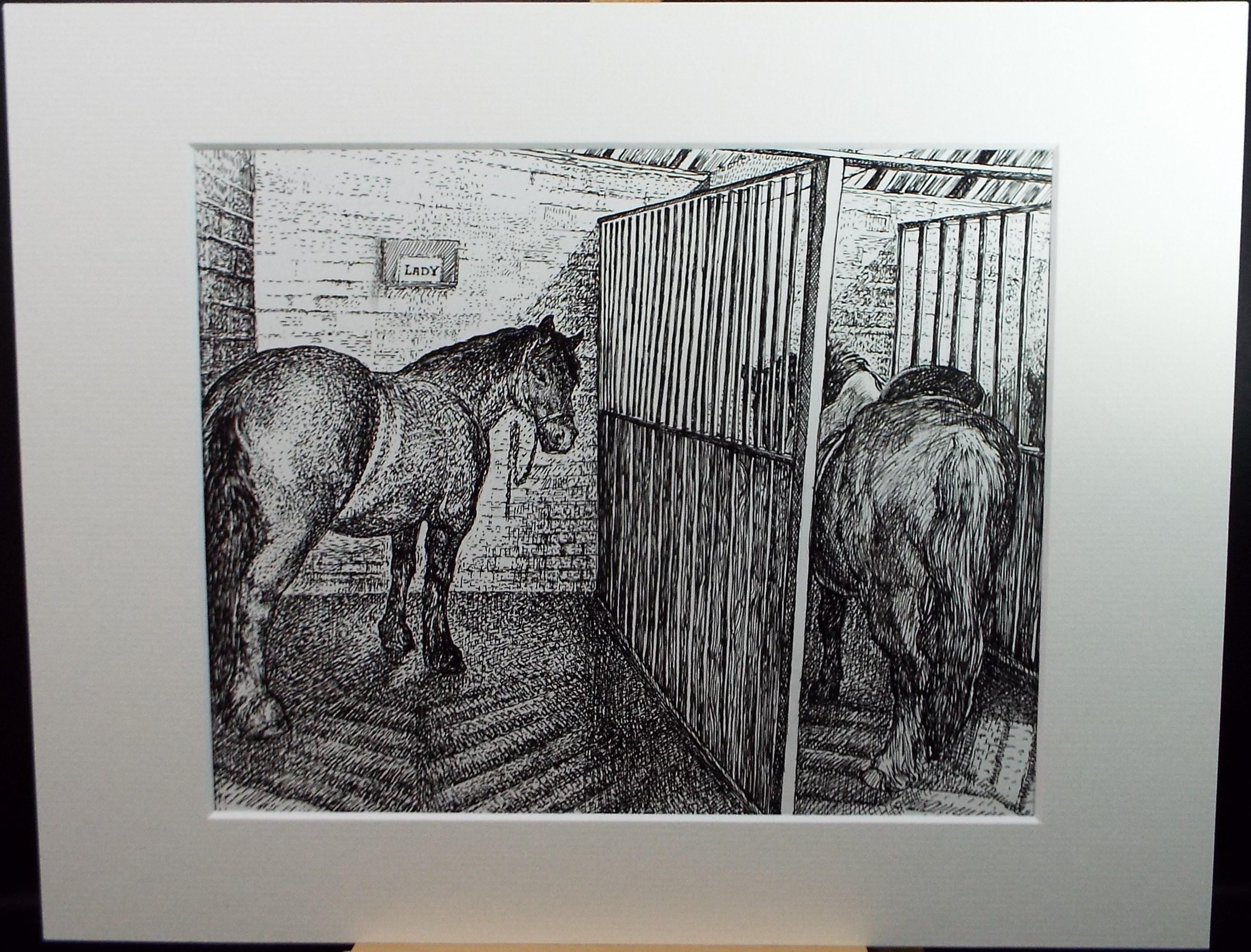 Original Scraperboard & ink drawing, 'Lady in the Stable', Lorraine Abraham RSMA (1941-2023), Circa 1990's