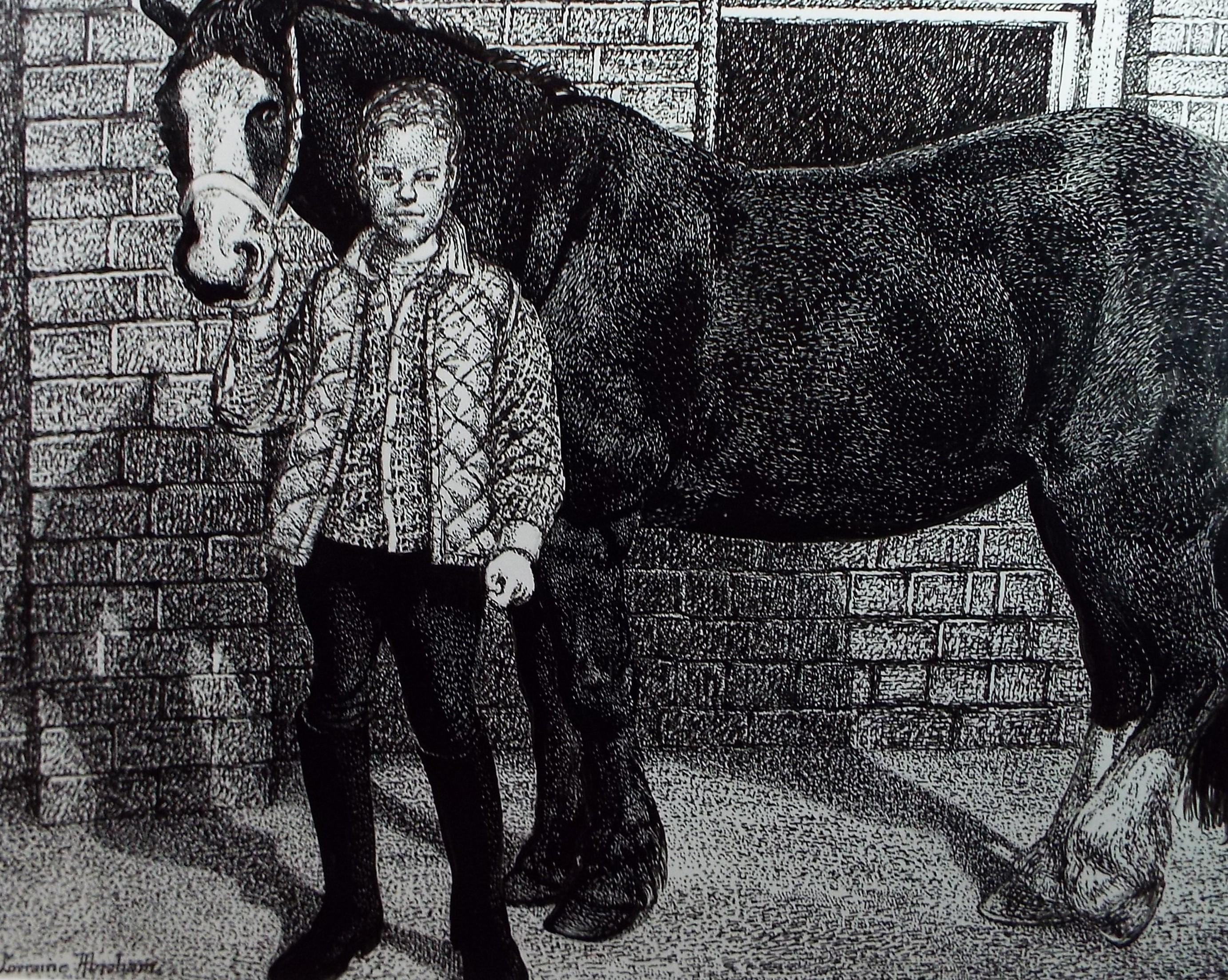 Original Scraperboard & ink drawing, 'Horse and Groom', Lorraine Abraham RSMA (1941-2023), Circa 1990's