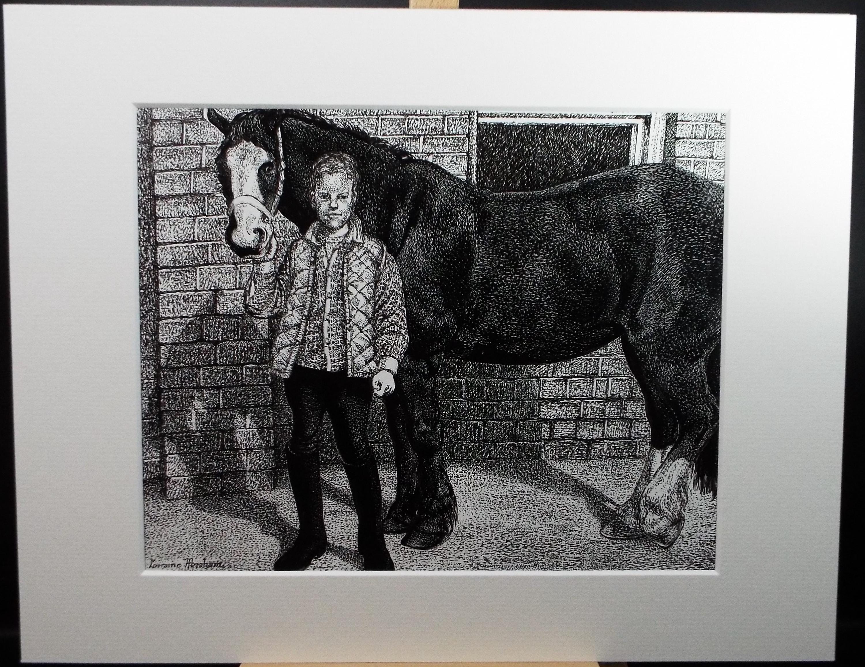 Original Scraperboard & ink drawing, 'Horse and Groom', Lorraine Abraham RSMA (1941-2023), Circa 1990's