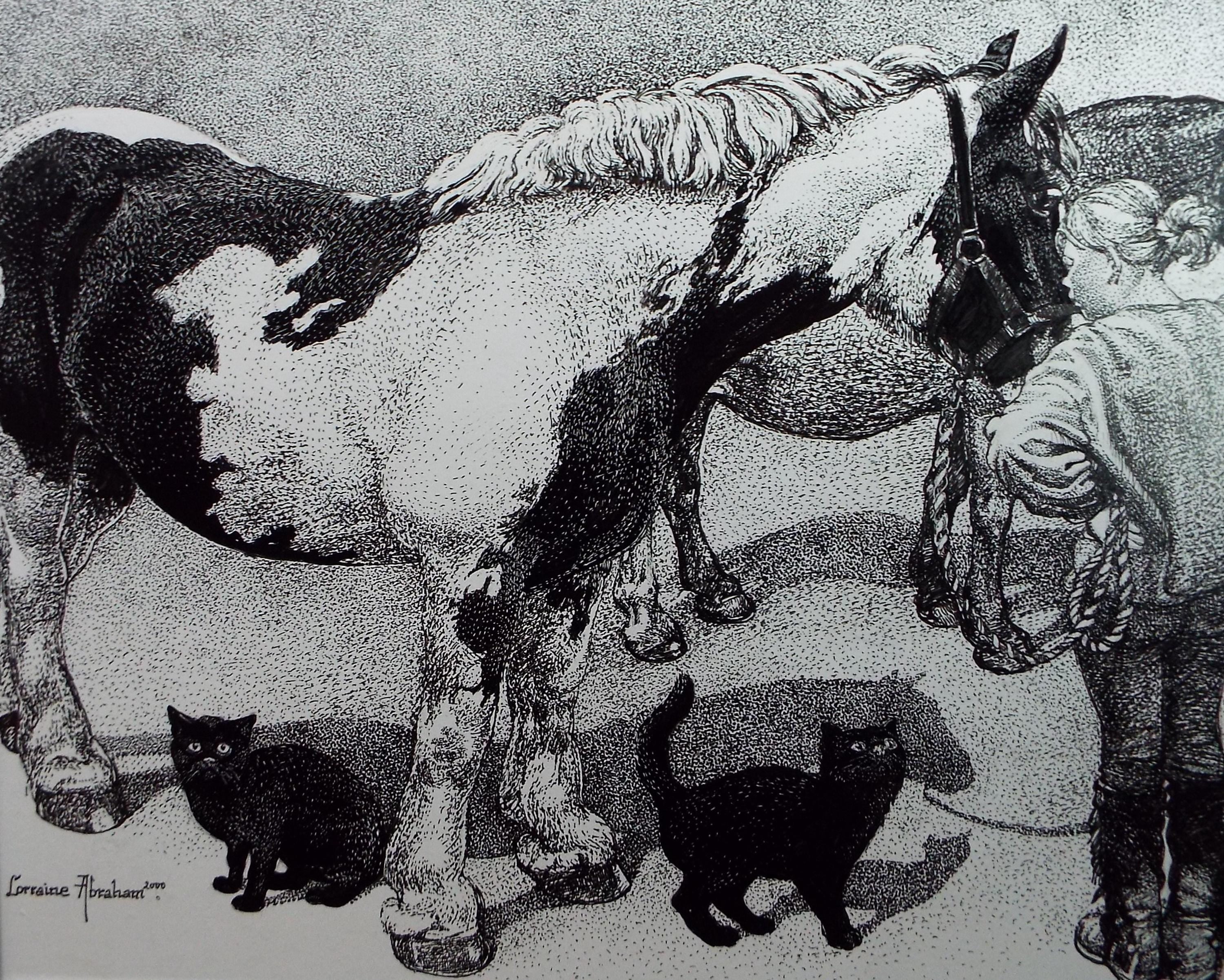 Original Scraperboard & ink drawing, 'Horses and Black Cats', Lorraine Abraham RSMA (1941-2023), Circa 1990's