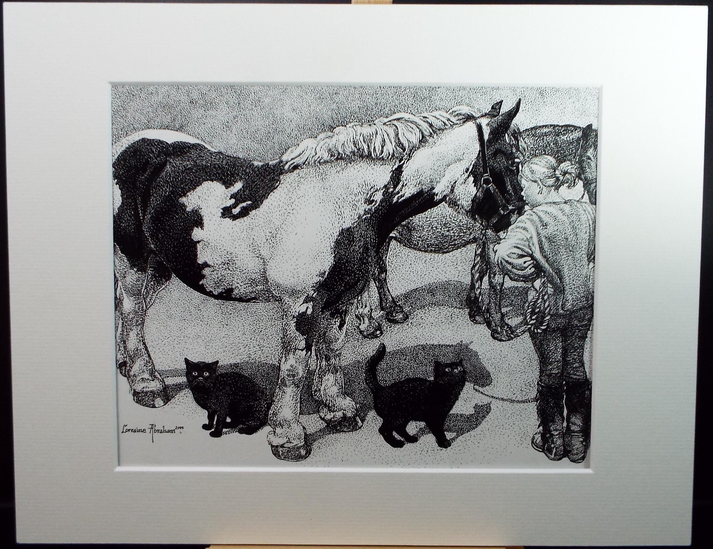 Original Scraperboard & ink drawing, 'Horses and Black Cats', Lorraine Abraham RSMA (1941-2023), Circa 1990's