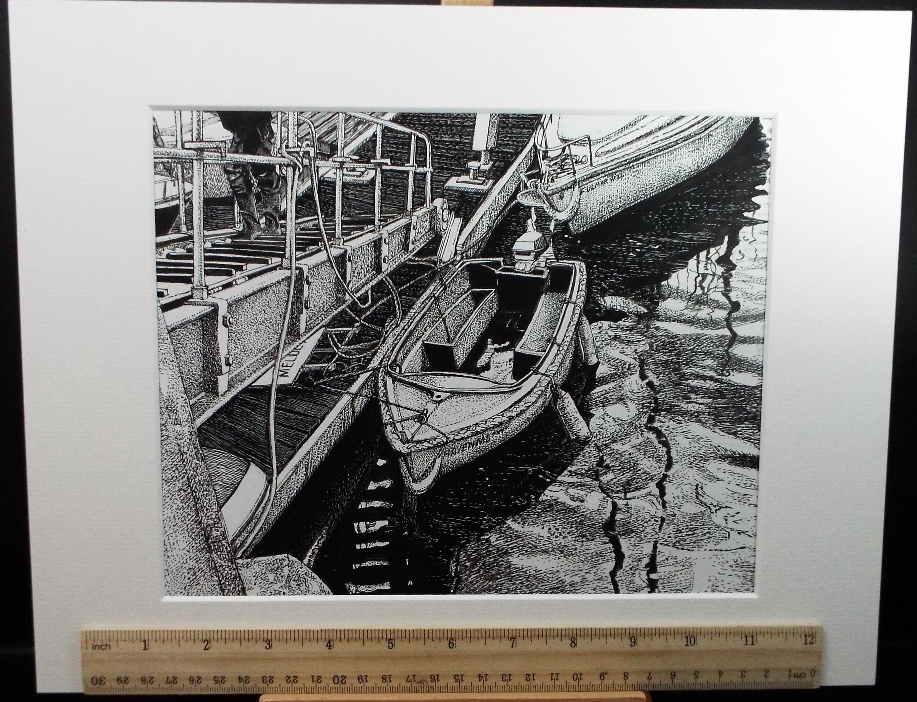 Original Scraperboard & ink drawing, 'Moored speed Boat', Lorraine Abraham RSMA (1941-2023), Circa 1990's