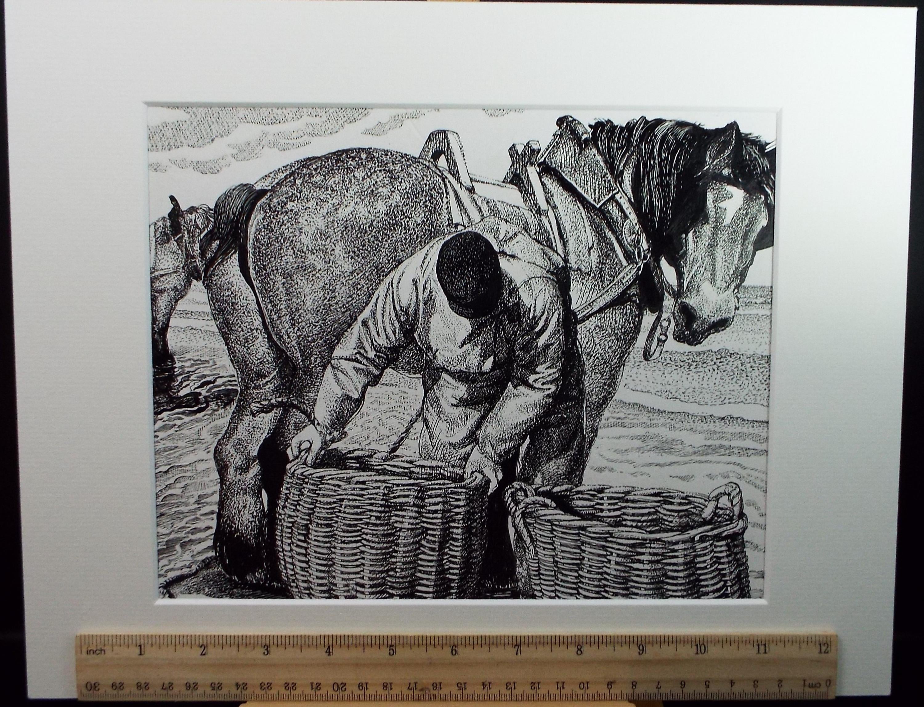 Original Scraperboard & Ink drawing, 'Cockle Pickers', Lorraine Abraham RSMA (1941-2023), Circa 1990's