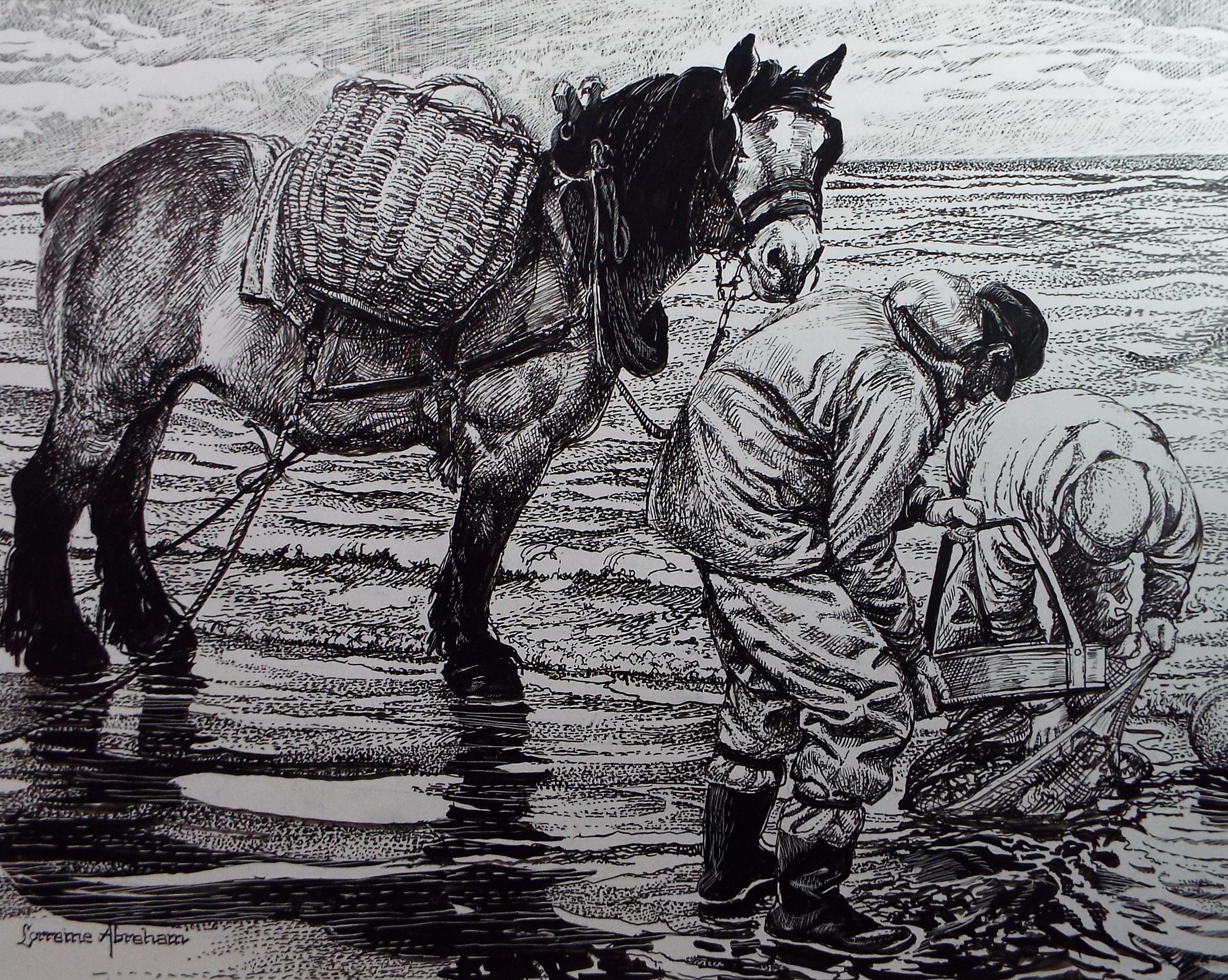 Original Scraperboard & Ink drawing, 'Cockle Pickers', Lorraine Abraham RSMA (1941-2023), Circa 1990's