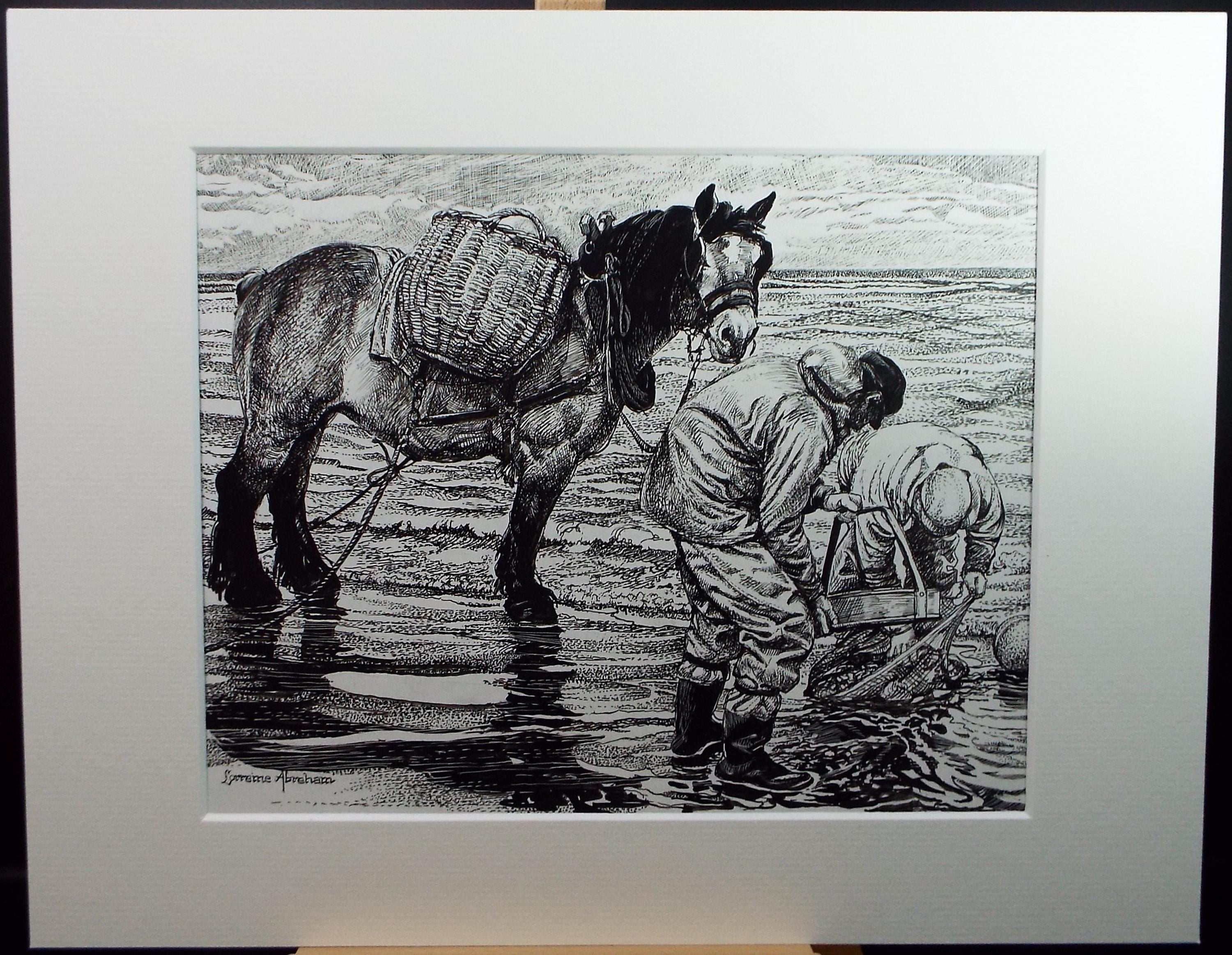 Original Scraperboard & Ink drawing, 'Cockle Pickers', Lorraine Abraham RSMA (1941-2023), Circa 1990's