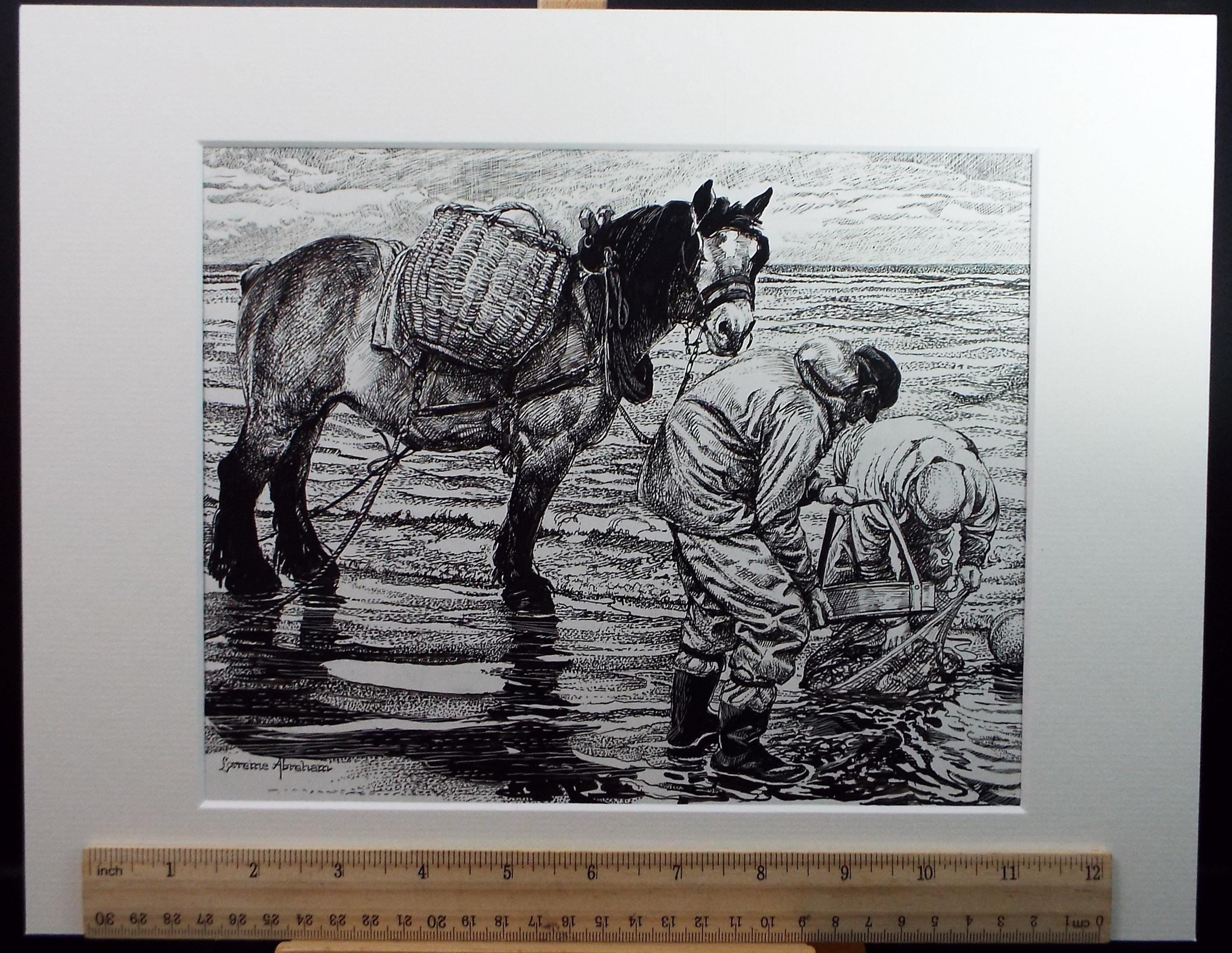 Original Scraperboard & Ink drawing, 'Cockle Pickers', Lorraine Abraham RSMA (1941-2023), Circa 1990's