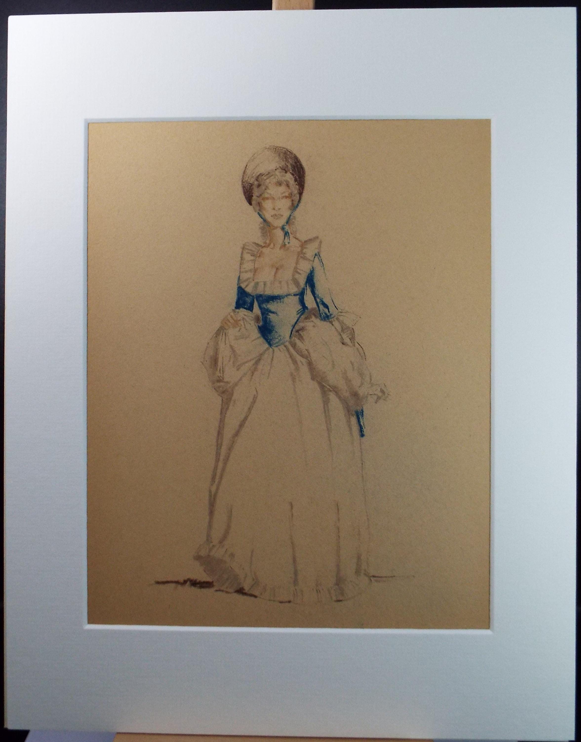 Original Pastel Drawing, 'Victorian Woman Study', Artist Unknown, Circa 1950's