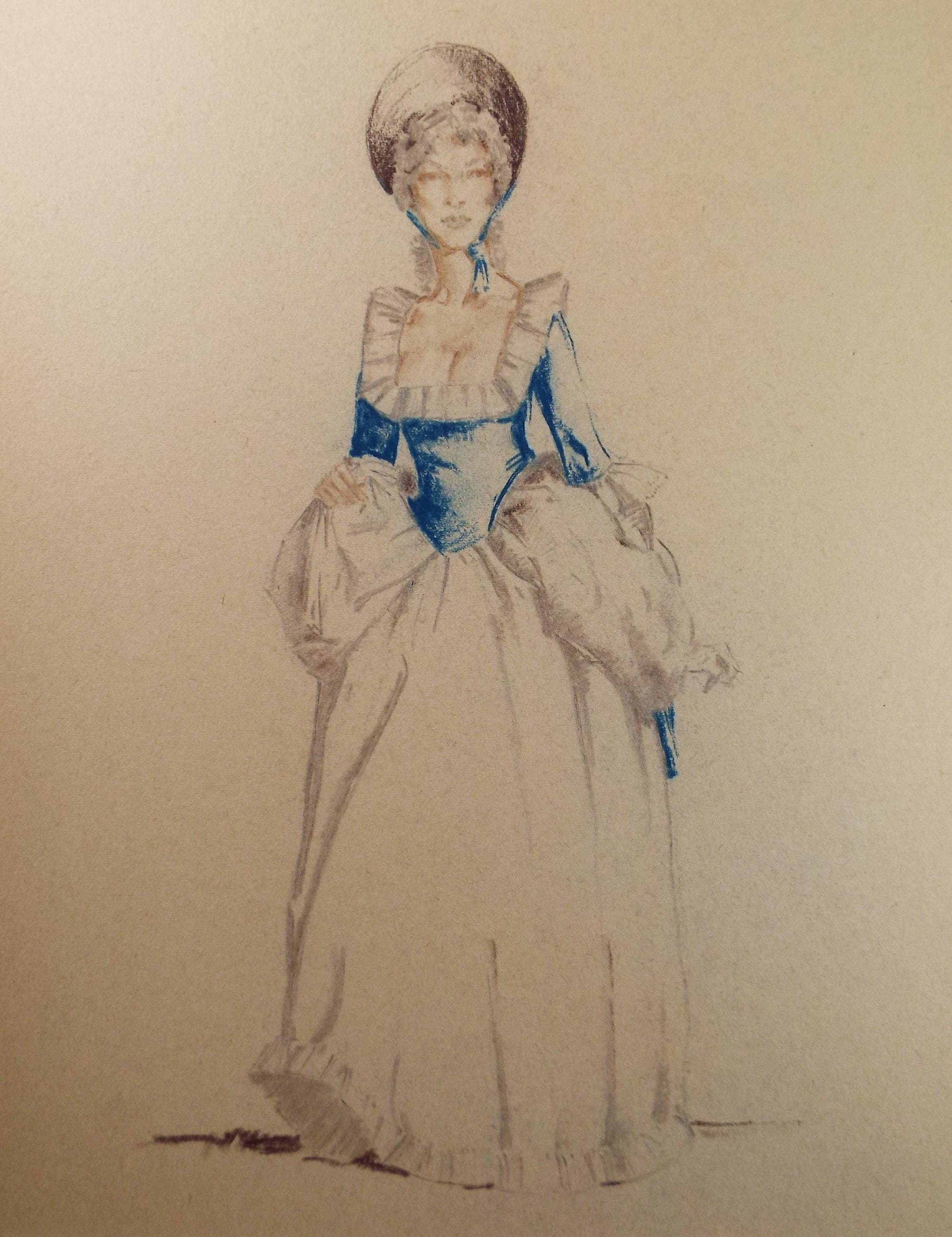 Original Pastel Drawing, 'Victorian Woman Study', Artist Unknown, Circa 1950's