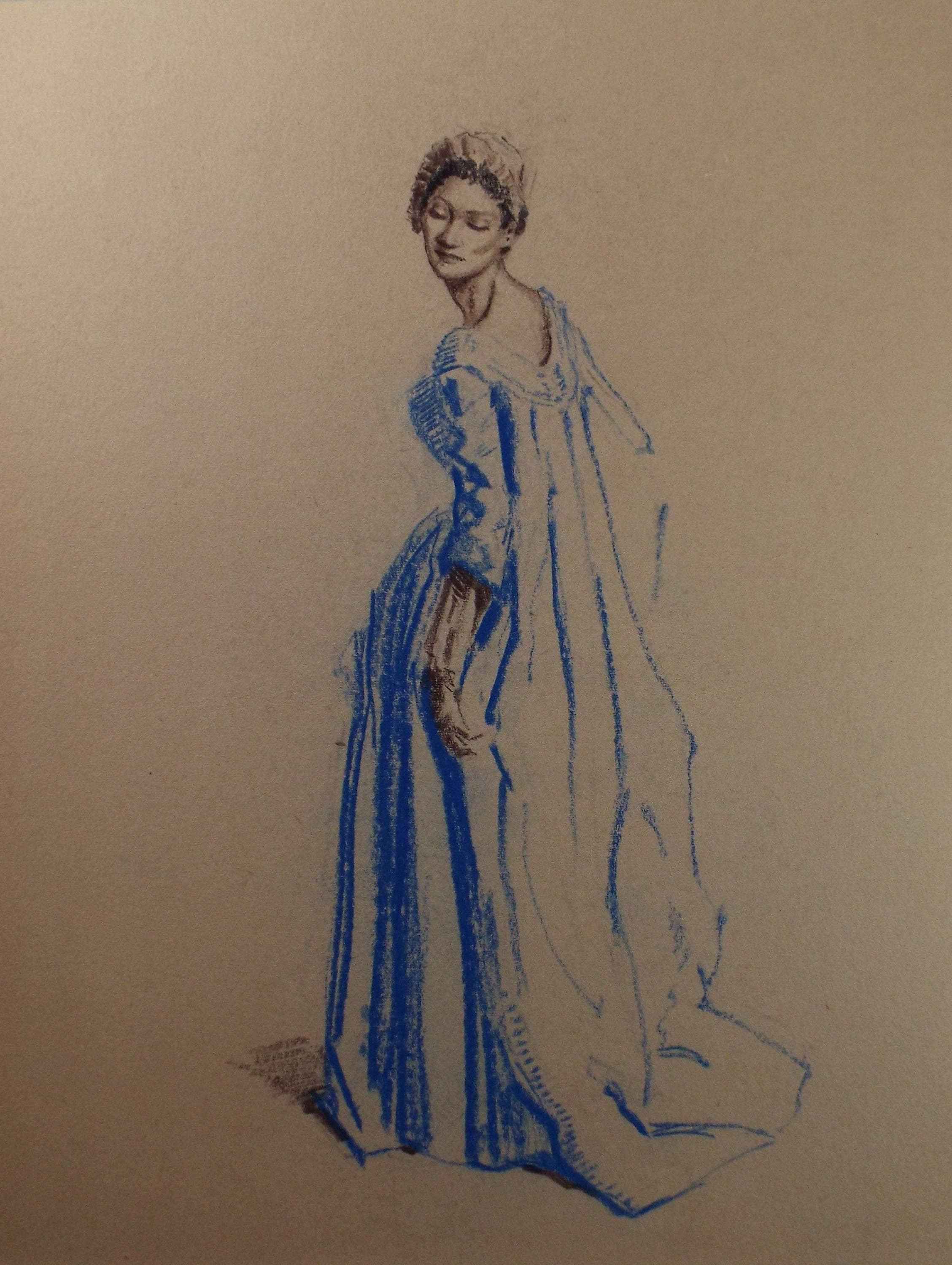 Original Pastel Drawing, 'Victorian Woman Study', Artist Unknown, Circa 1950's