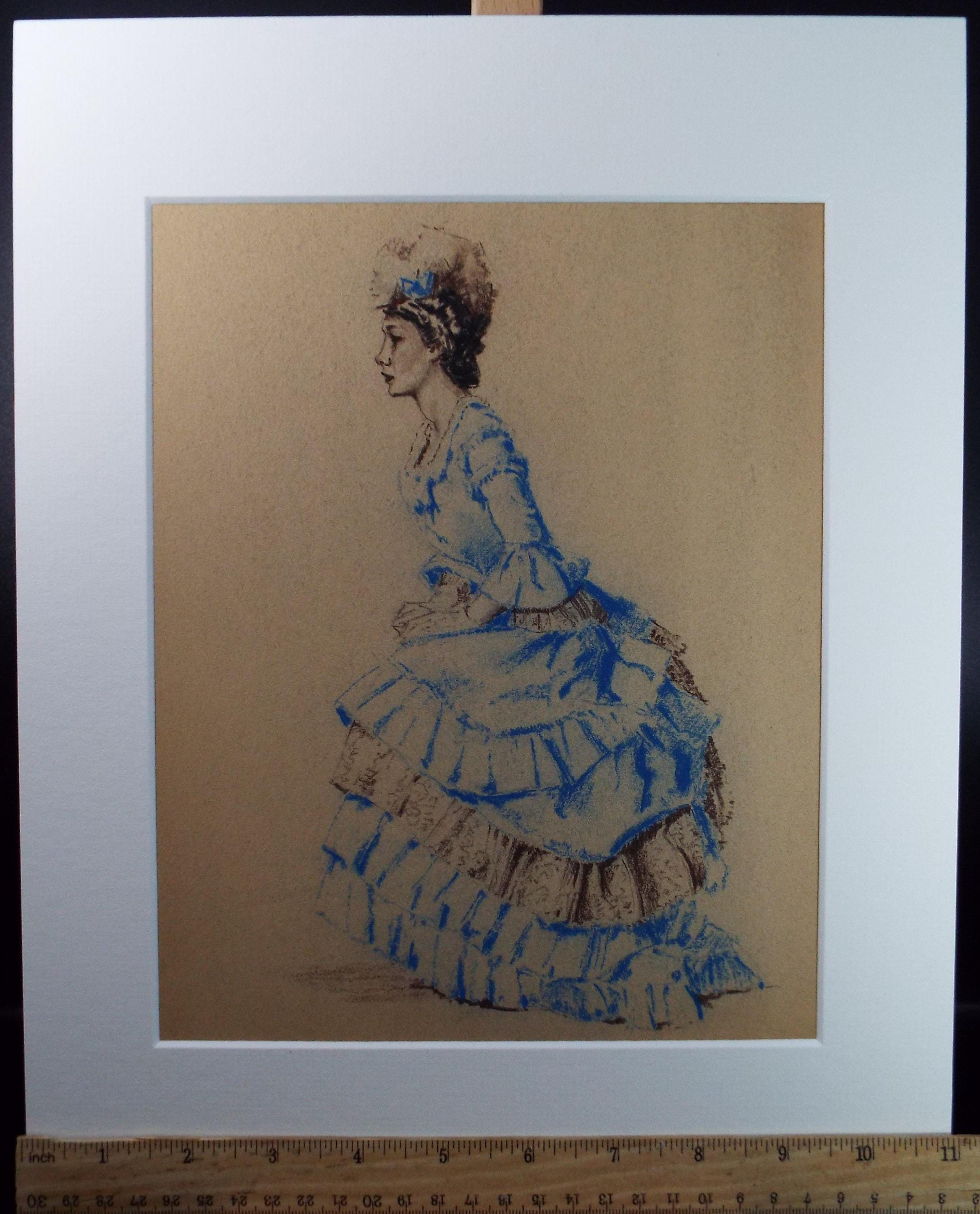 Original Pastel Drawing, 'Victorian Woman Study', Artist Unknown, Circa 1950's