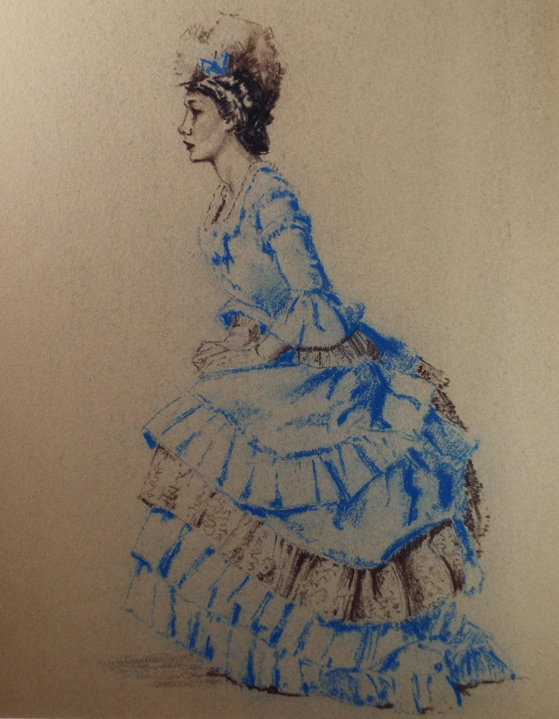 Original Pastel Drawing, 'Victorian Woman Study', Artist Unknown, Circa 1950's