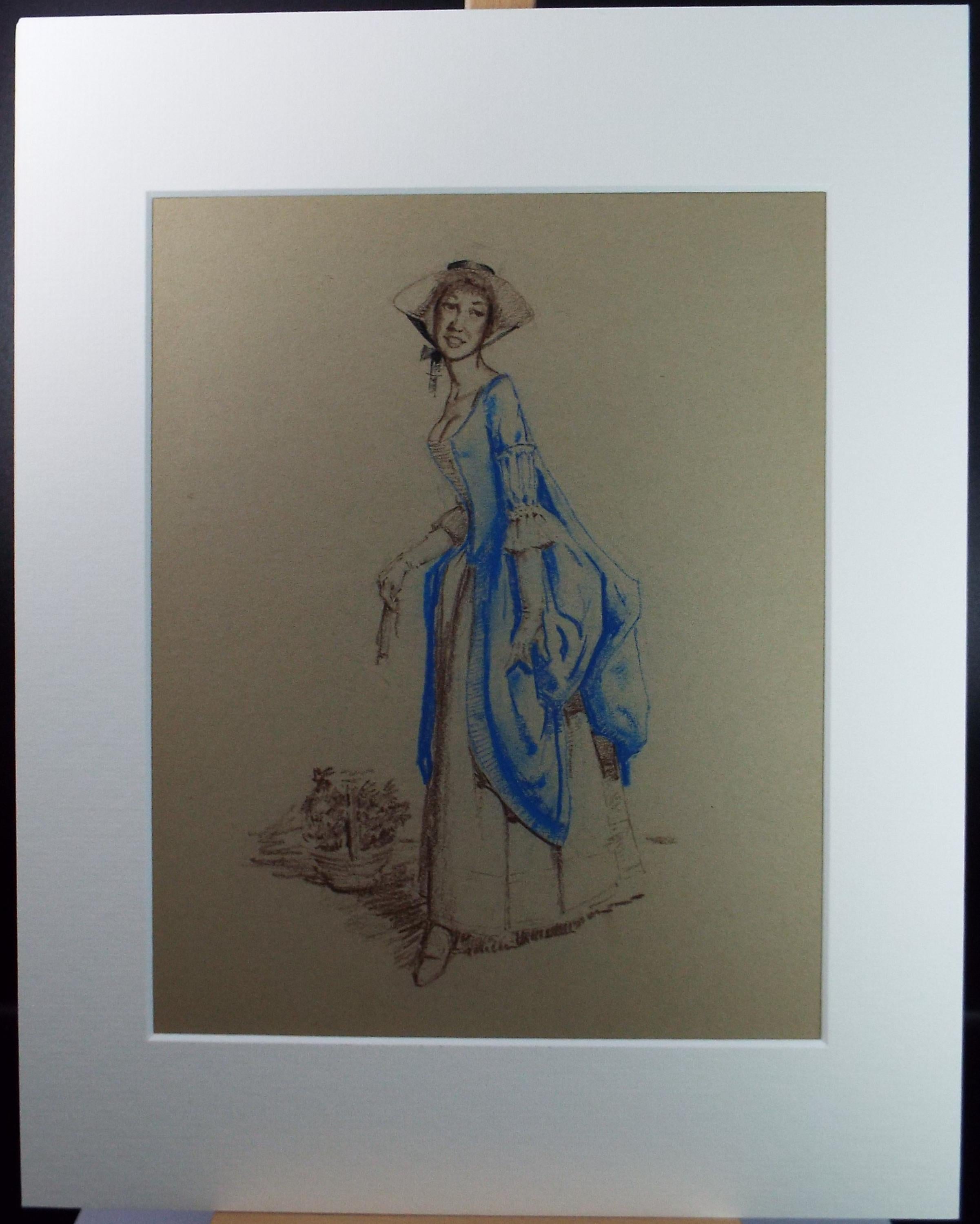 Original Pastel Drawing, 'Victorian Woman Study', Artist Unknown, Circa 1950's