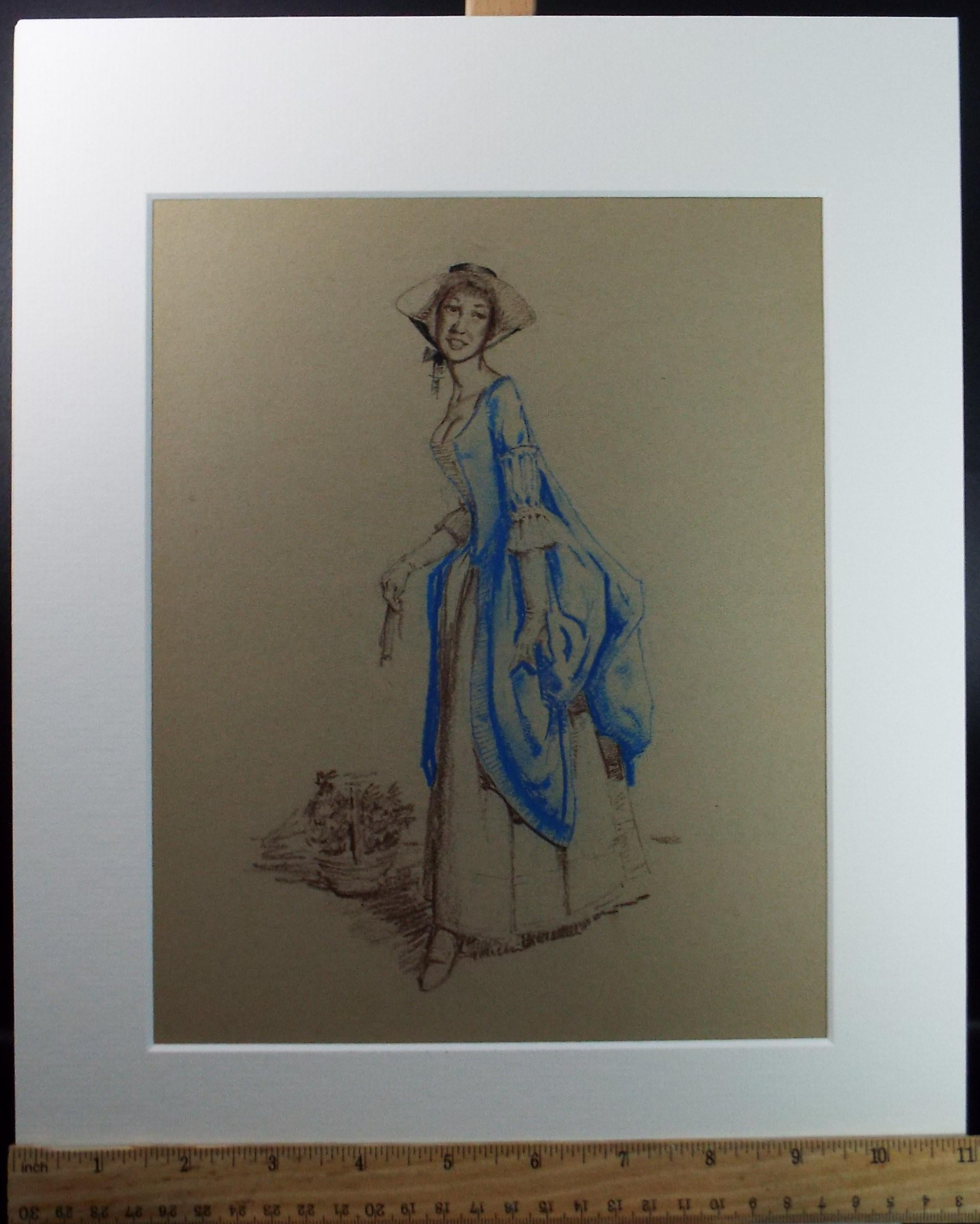 Original Pastel Drawing, 'Victorian Woman Study', Artist Unknown, Circa 1950's