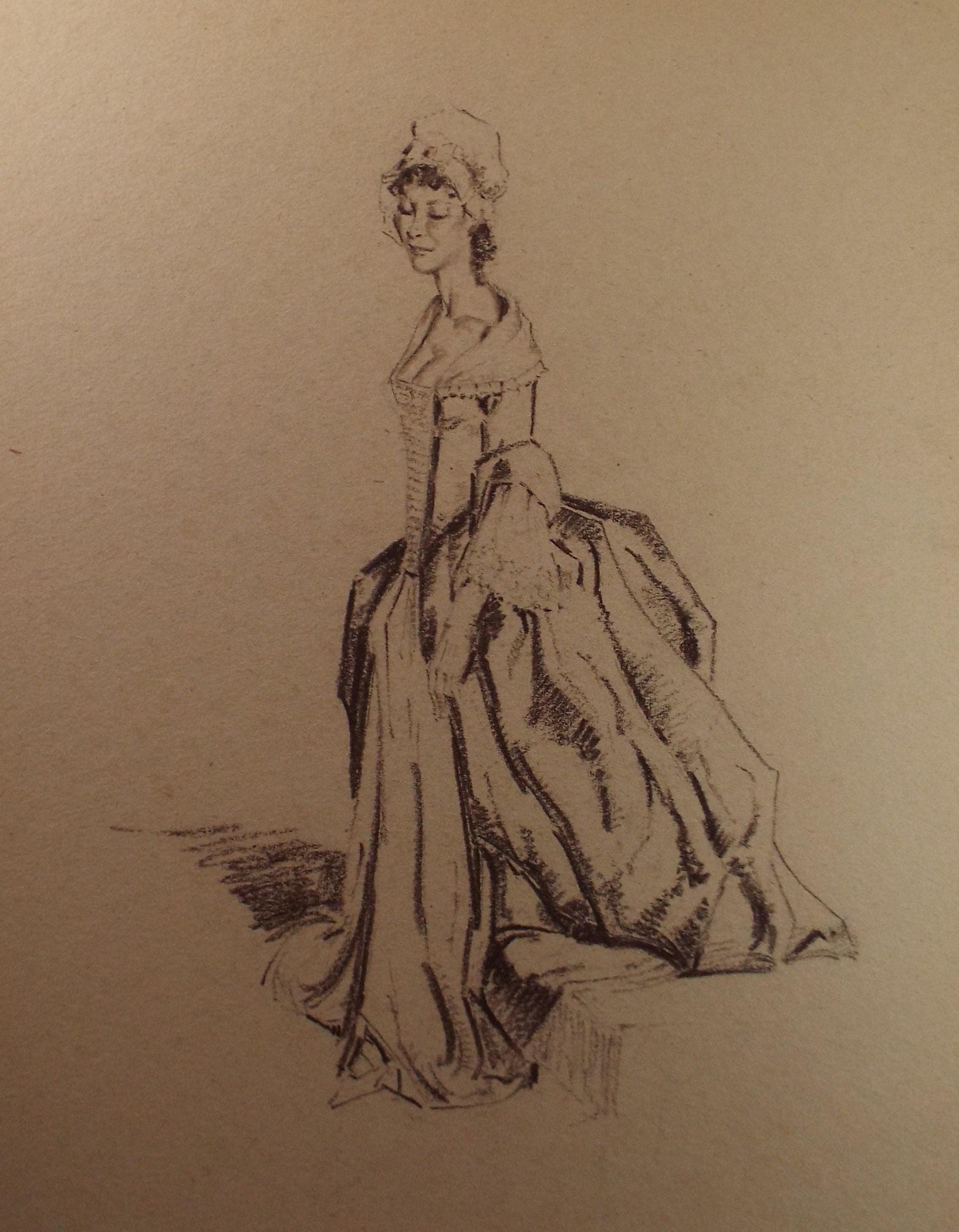 Original Pastel Drawing, 'Victorian Woman Study', Artist Unknown, Circa 1950's