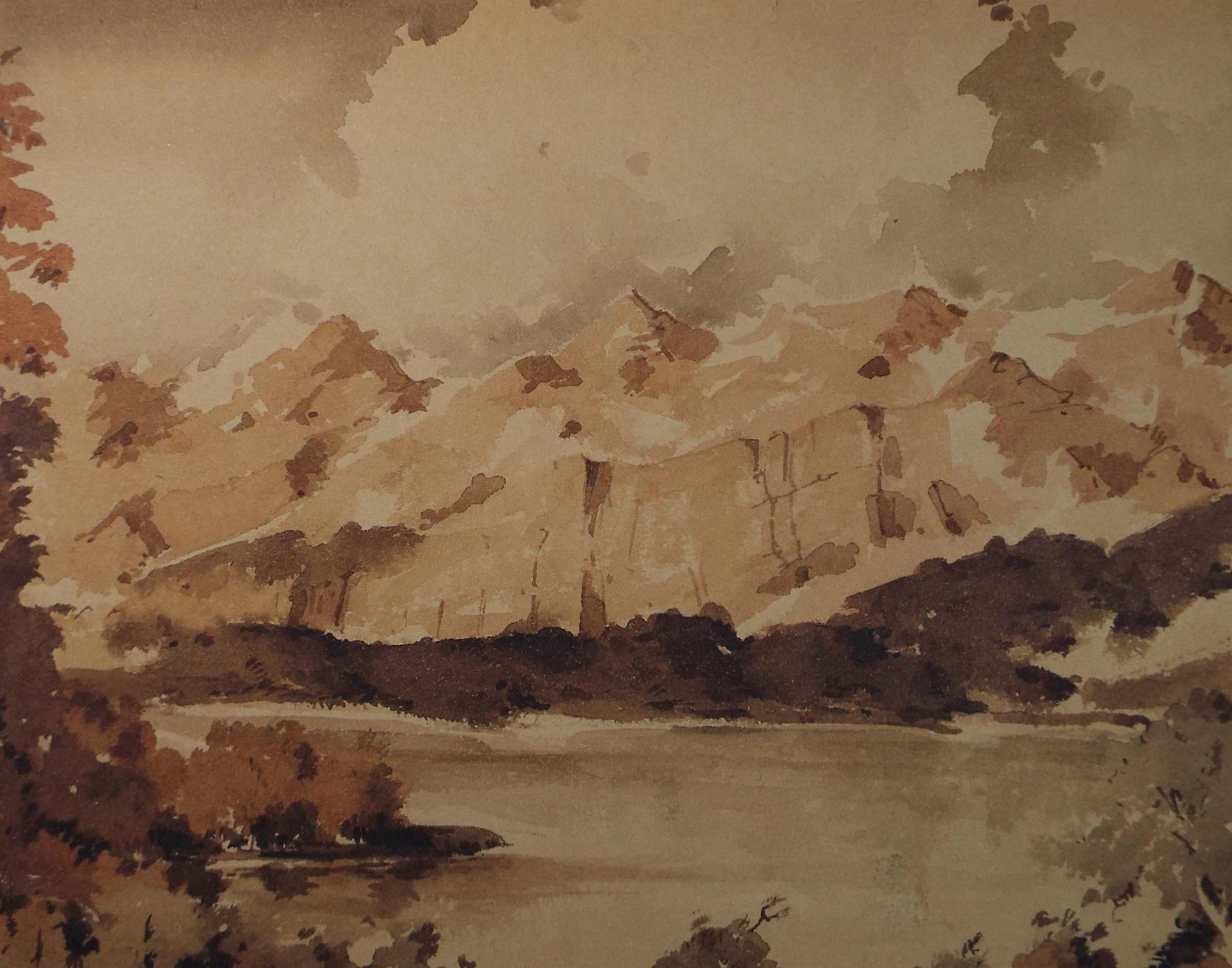 Original Sepia Watercolour, 'Mountainous Landscape', Artist Unknown, circa 1950's