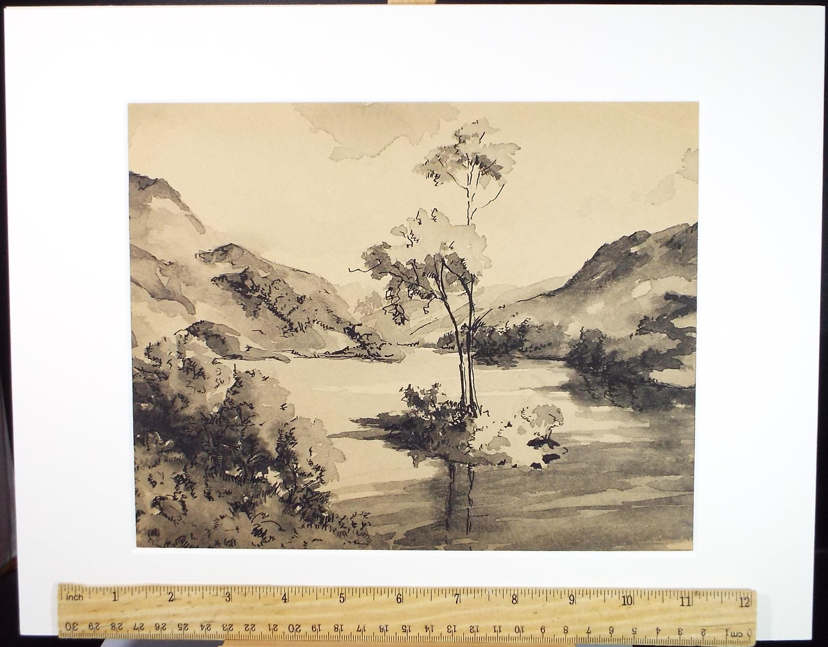 Original Sepia Watercolour, 'Lakeland Landscape', Artist Unknown, circa 1950's