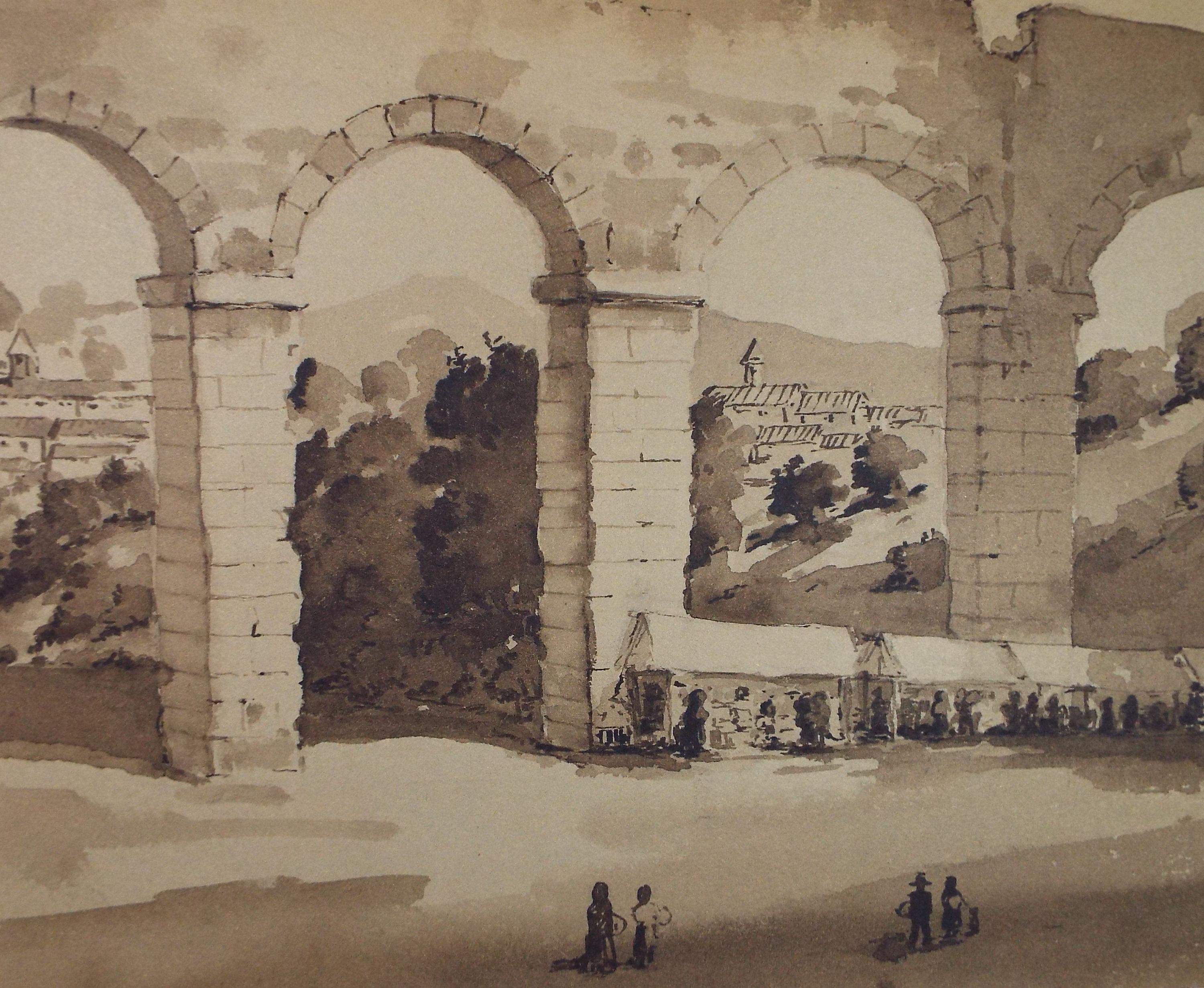 Original Sepia Watercolour, 'Figures Below a Viaduct', Artist Unknown, circa 1950's