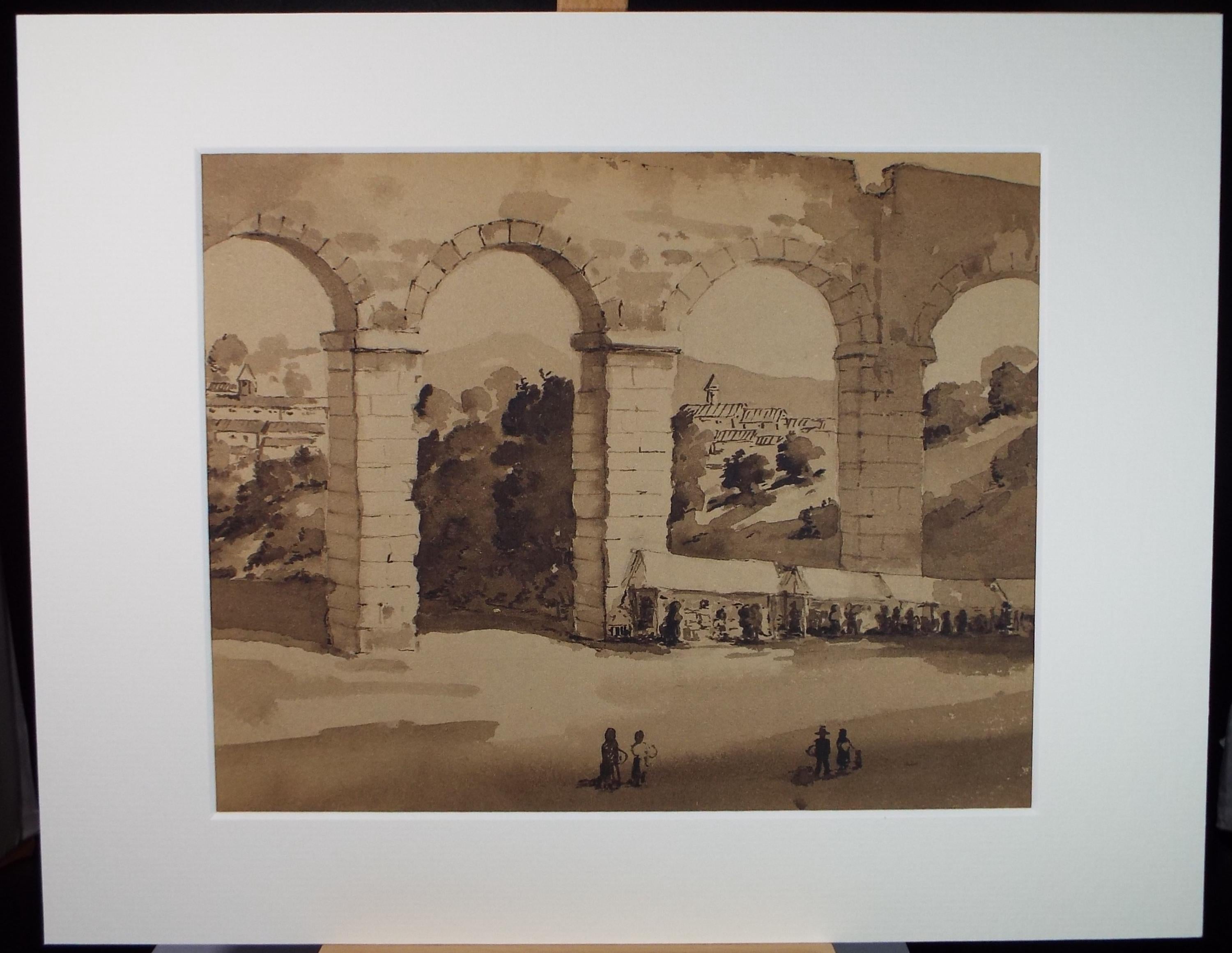 Original Sepia Watercolour, 'Figures Below a Viaduct', Artist Unknown, circa 1950's