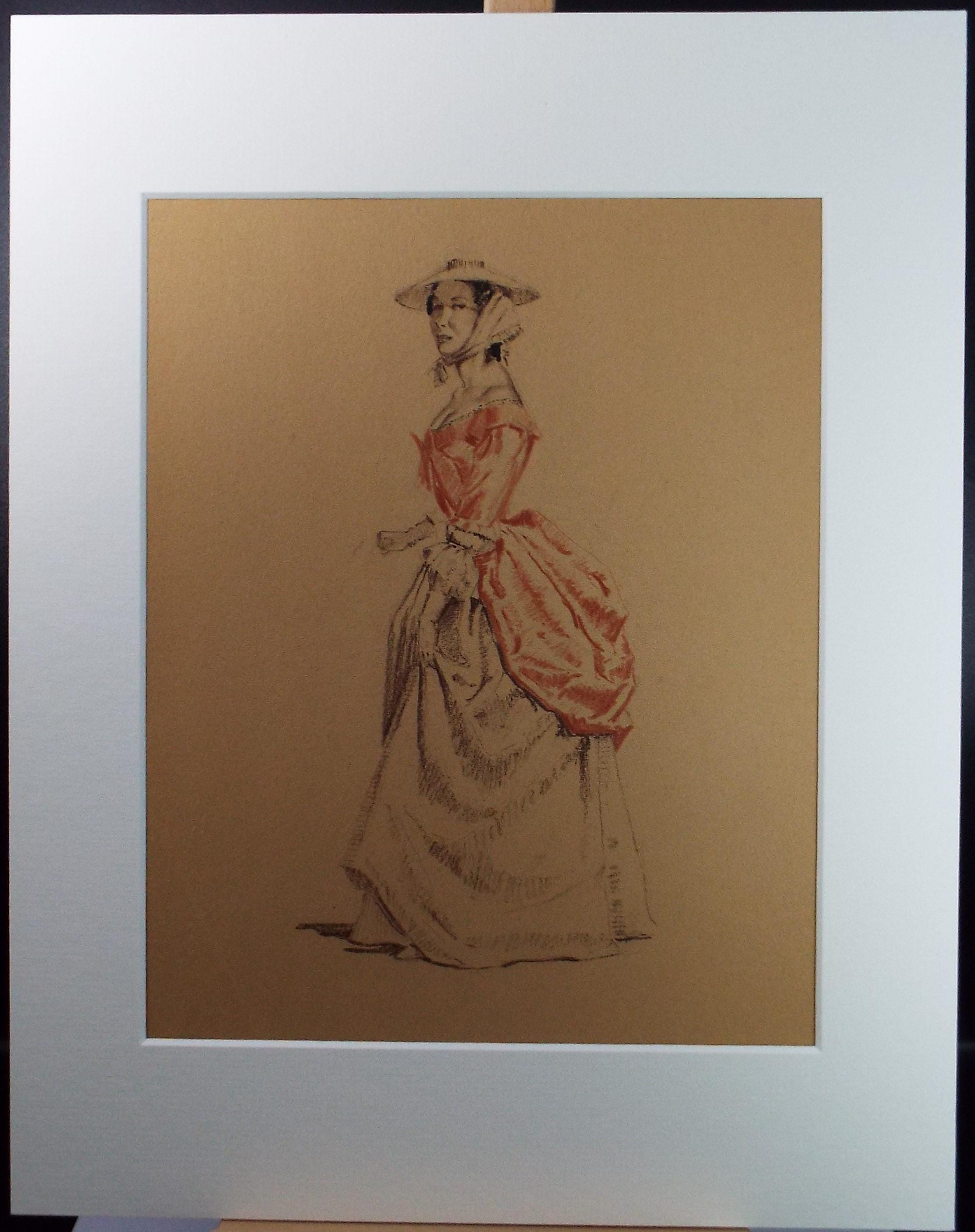 Original Pastel Drawing, 'Victorian Woman Study', Artist Unknown, Circa 1950's