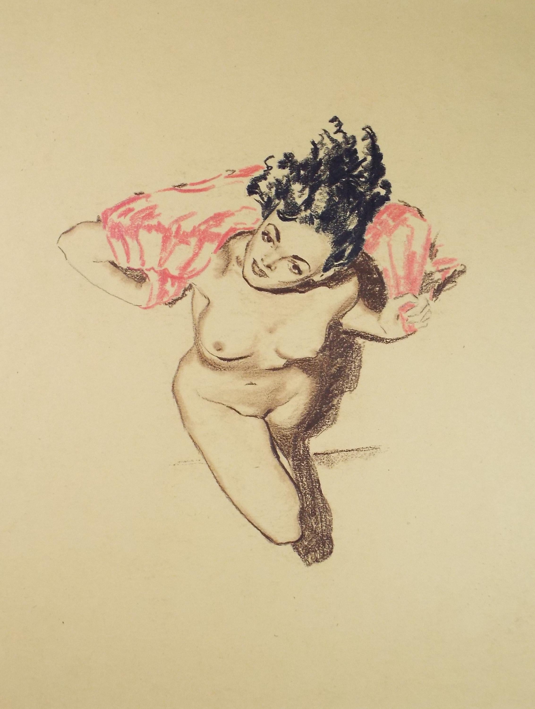 Original Pastel Drawing, 'Nude with pink Shawl', Artist Unknown, Circa 1950's