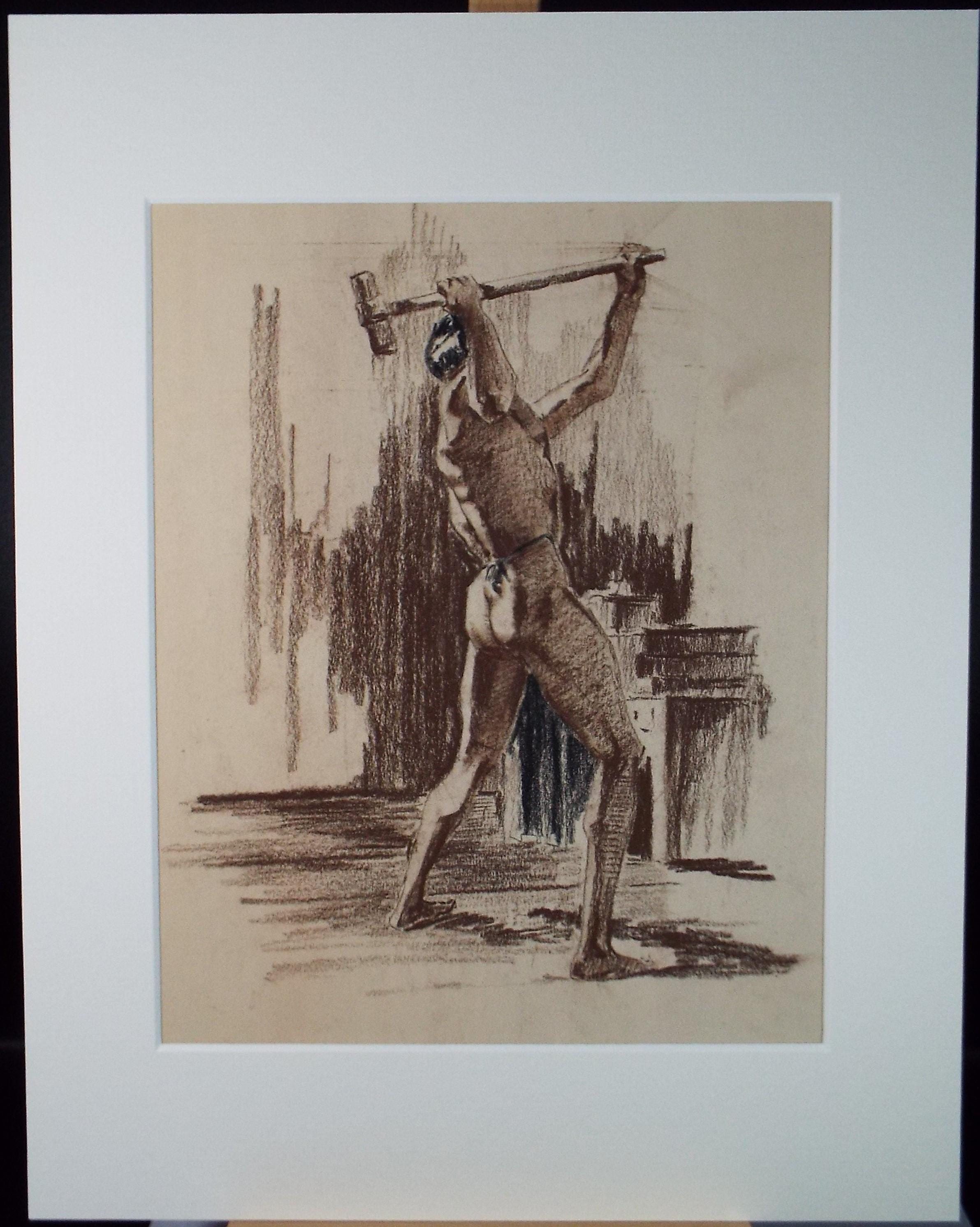 Original Pastel Drawing, 'Male Figure with Sledgehammer', Artist Unknown, Circa 1950's