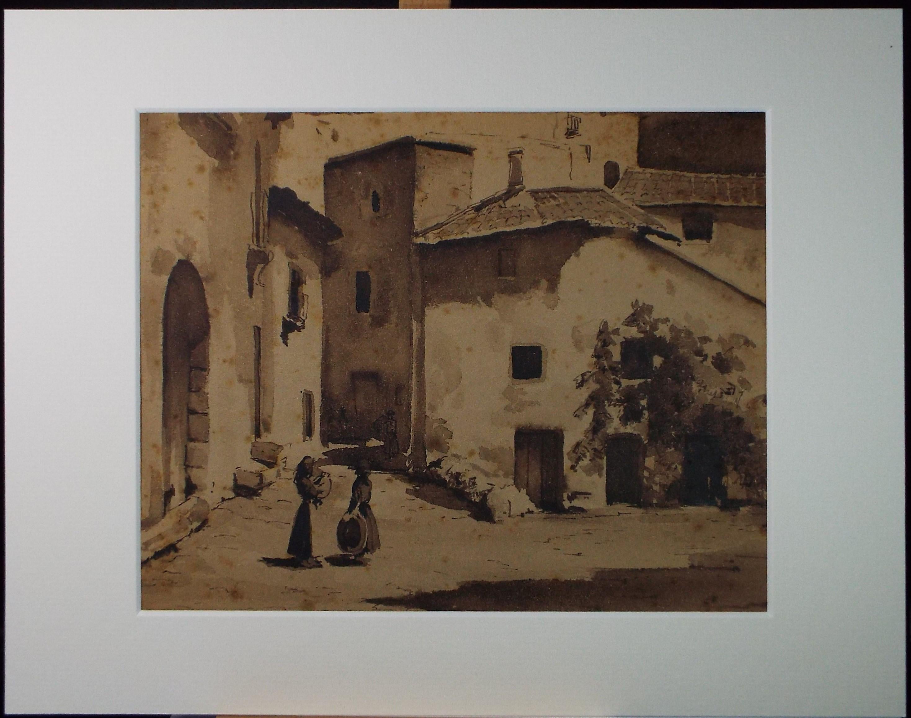 Original Sepia Watercolour, 'Village with Figures', Artist Unknown, circa 1950's