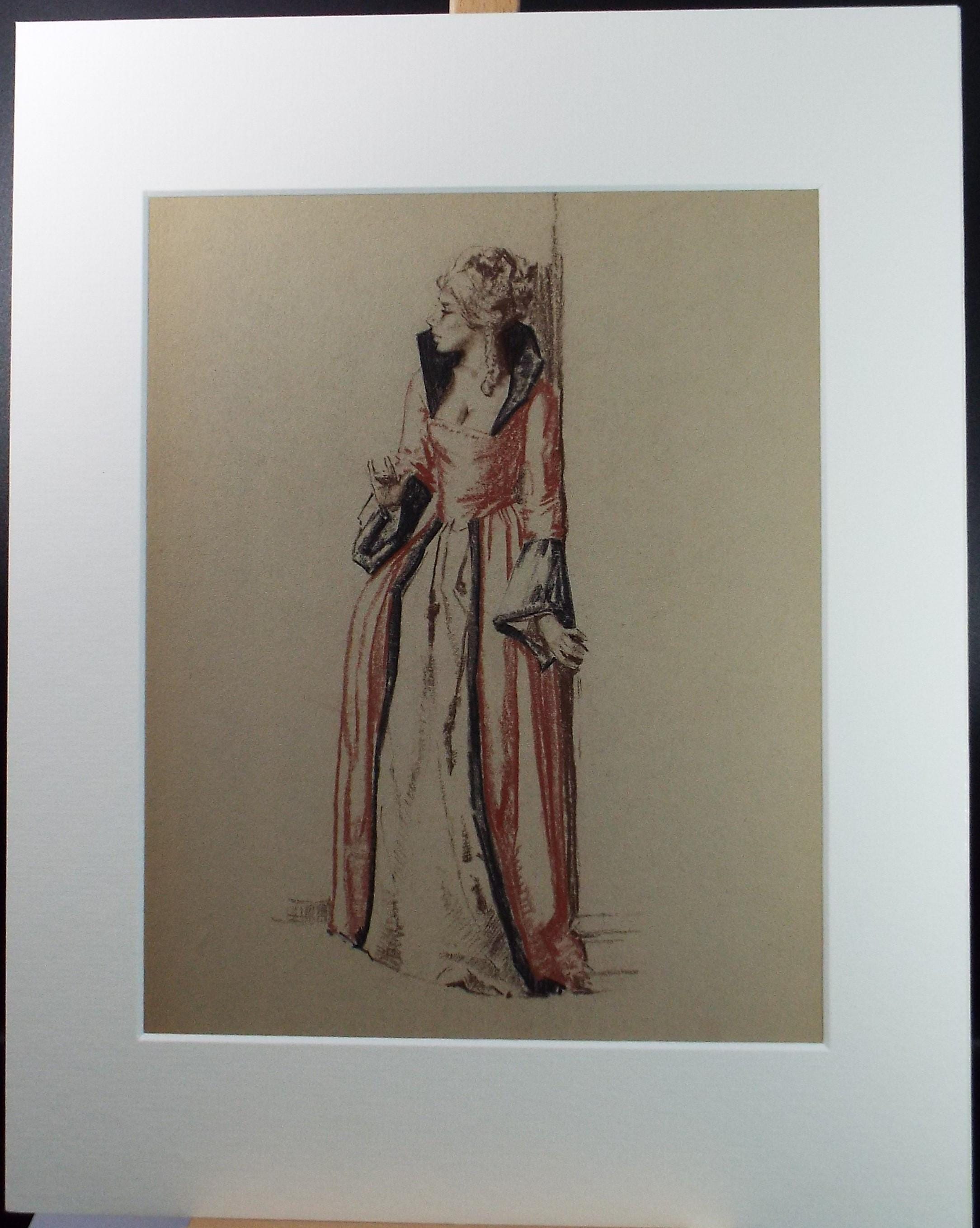 Original Pastel Drawing, 'Victorian Woman Study', Artist Unknown, Circa 1950's