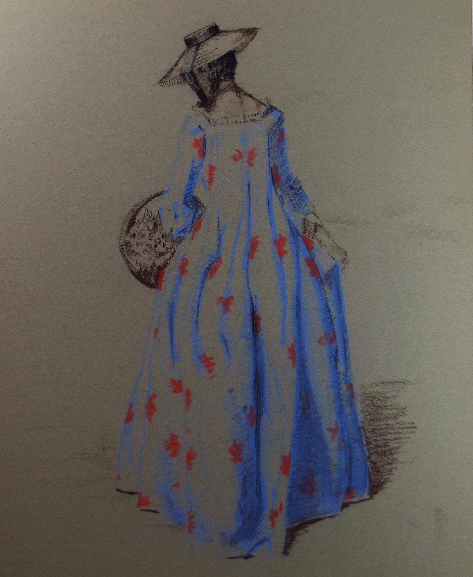 Original Pastel Drawing, 'Victorian Woman Study', Artist Unknown, Circa 1950's