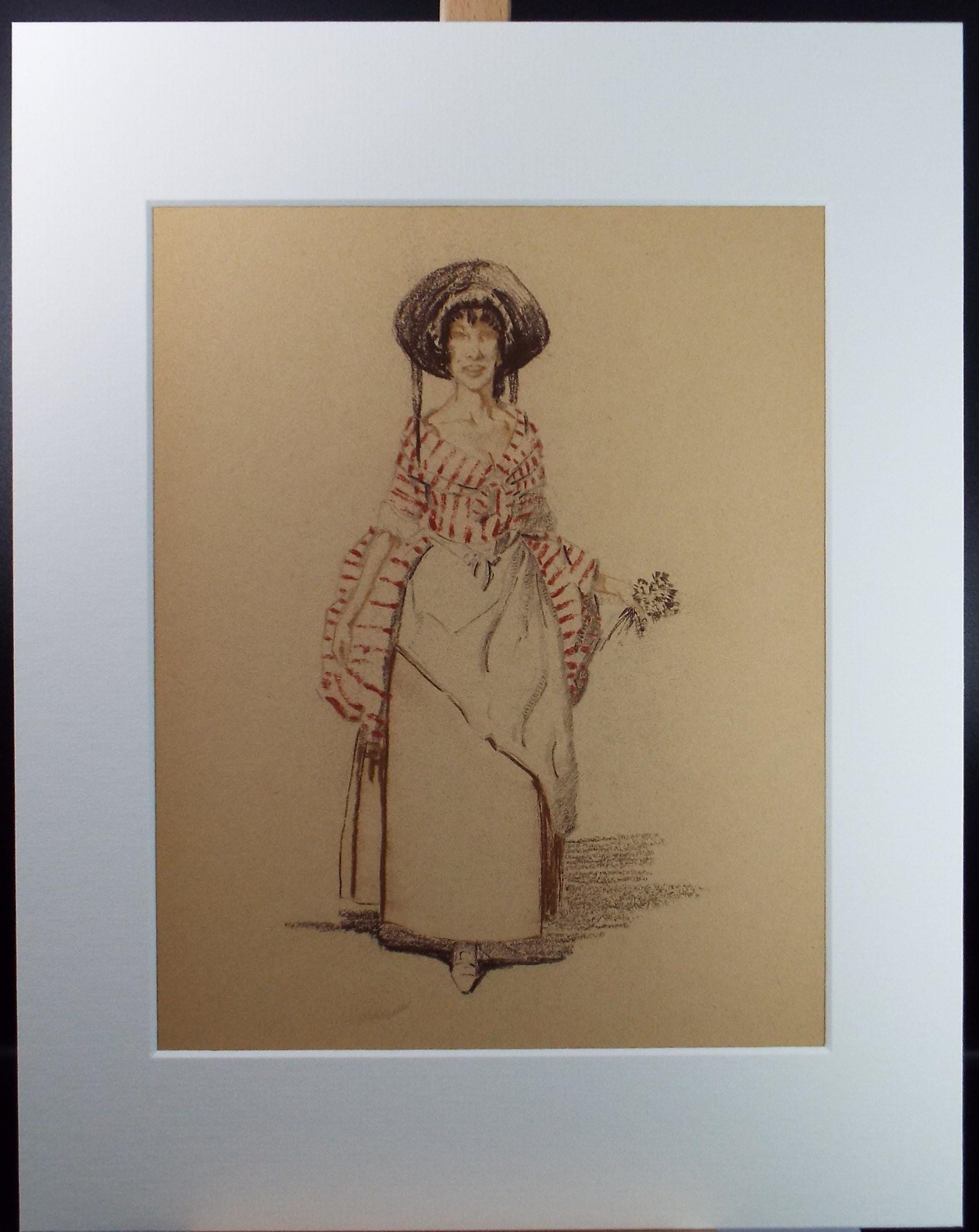 Original Pastel Drawing, 'Victorian Woman Study', Artist Unknown, Circa 1950's