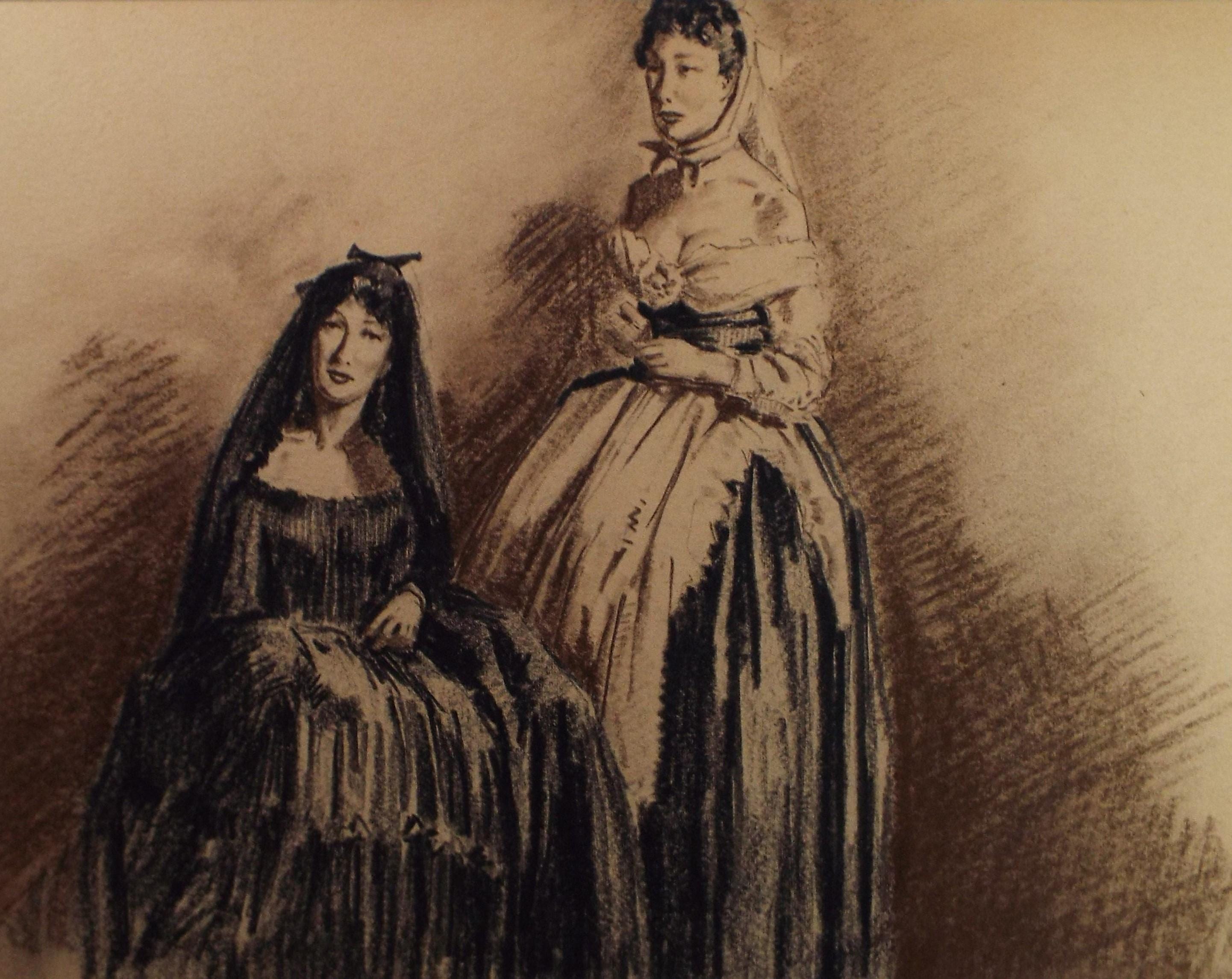 Original Pastel Drawing, 'Victorian Women in Mourning', Artist Unknown, Circa 1950's