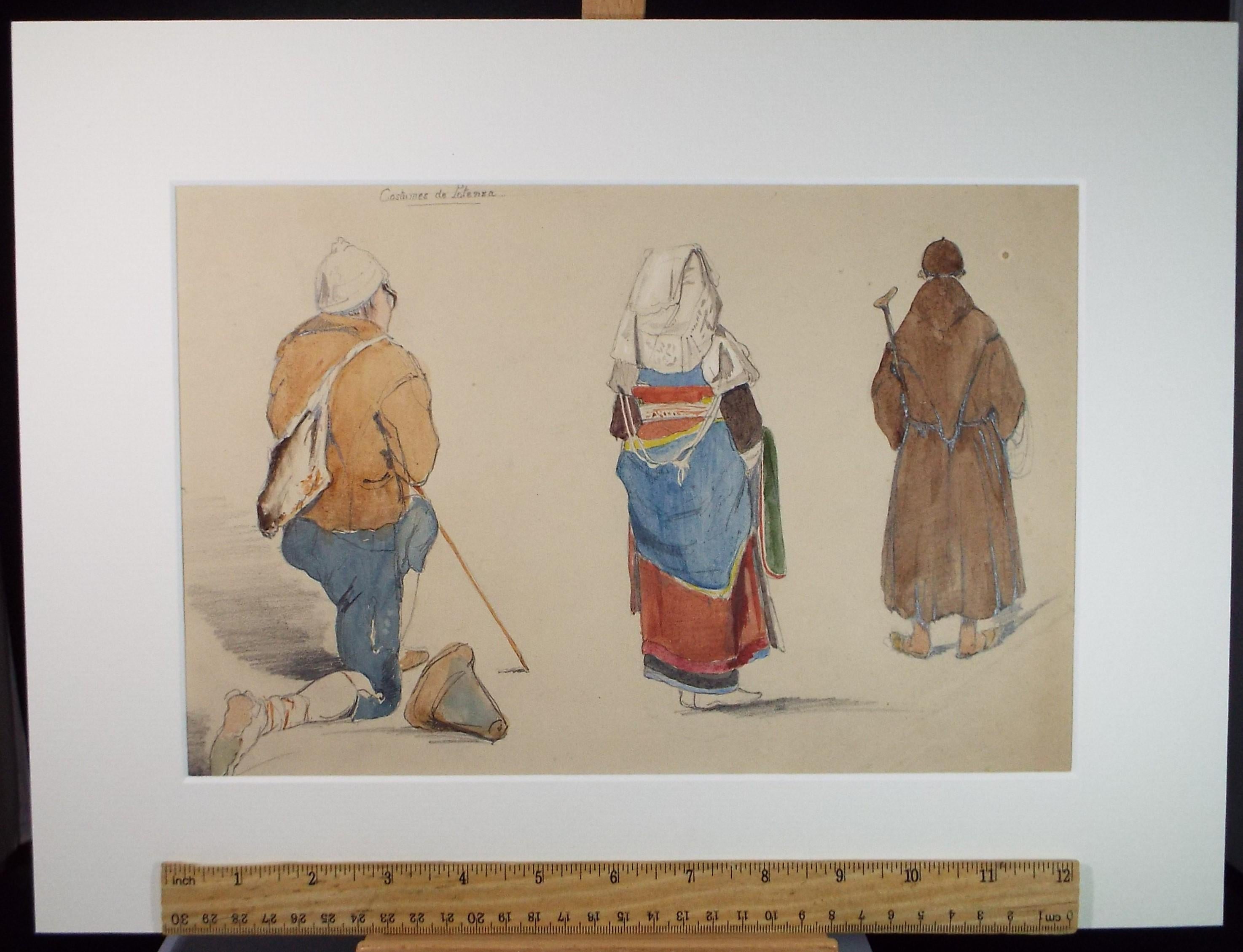 Original Watercolour, 'Costumes de Potenza', Mid 19th Century, Unknown artist