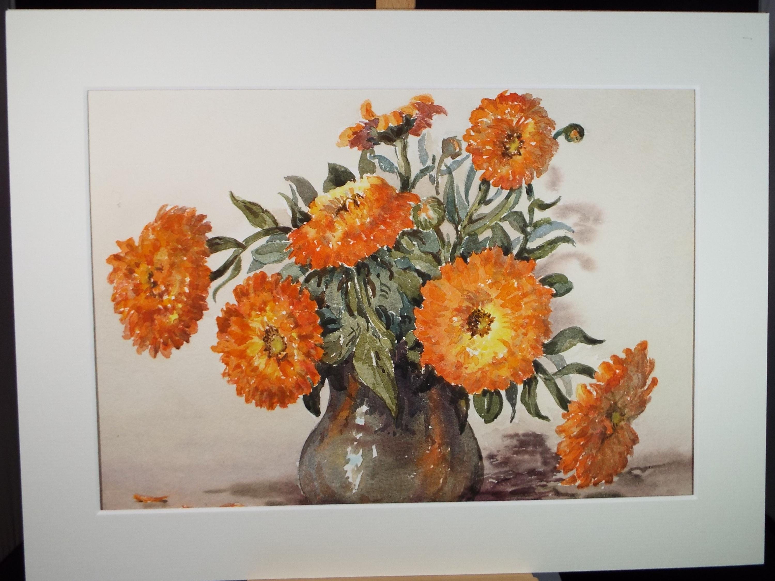 Original Watercolour, 'Vase of Calendula', Gwen Rayner, c1970's