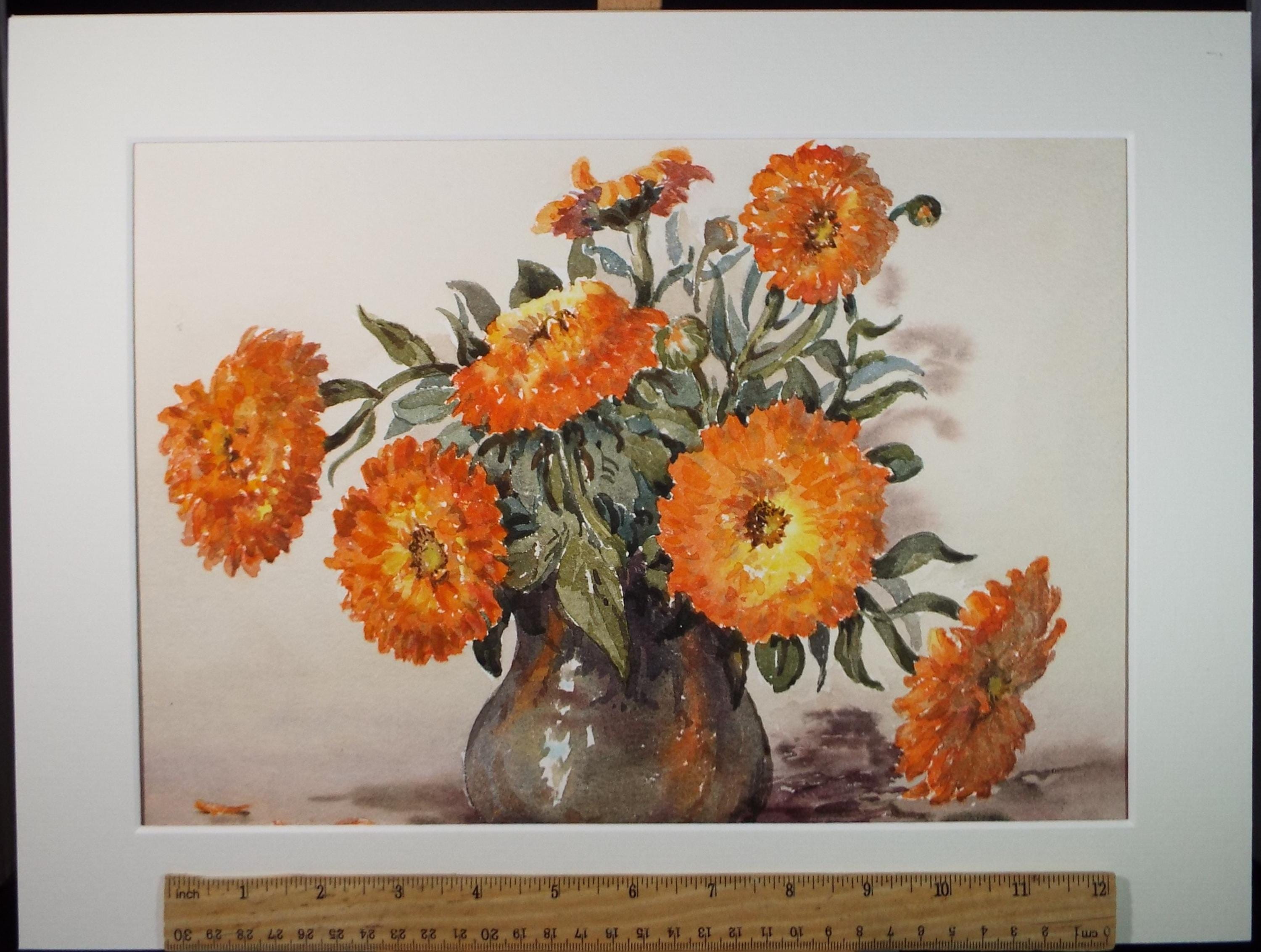 Original Watercolour, 'Vase of Calendula', Gwen Rayner, c1970's