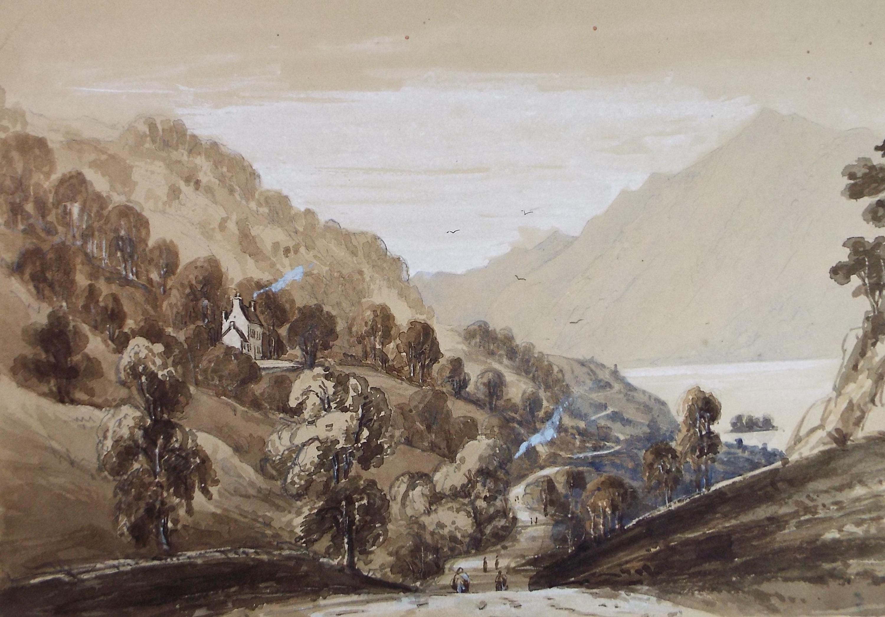 Original Watercolour,'Valley with Figures and Farmhouse', Late 19th Century