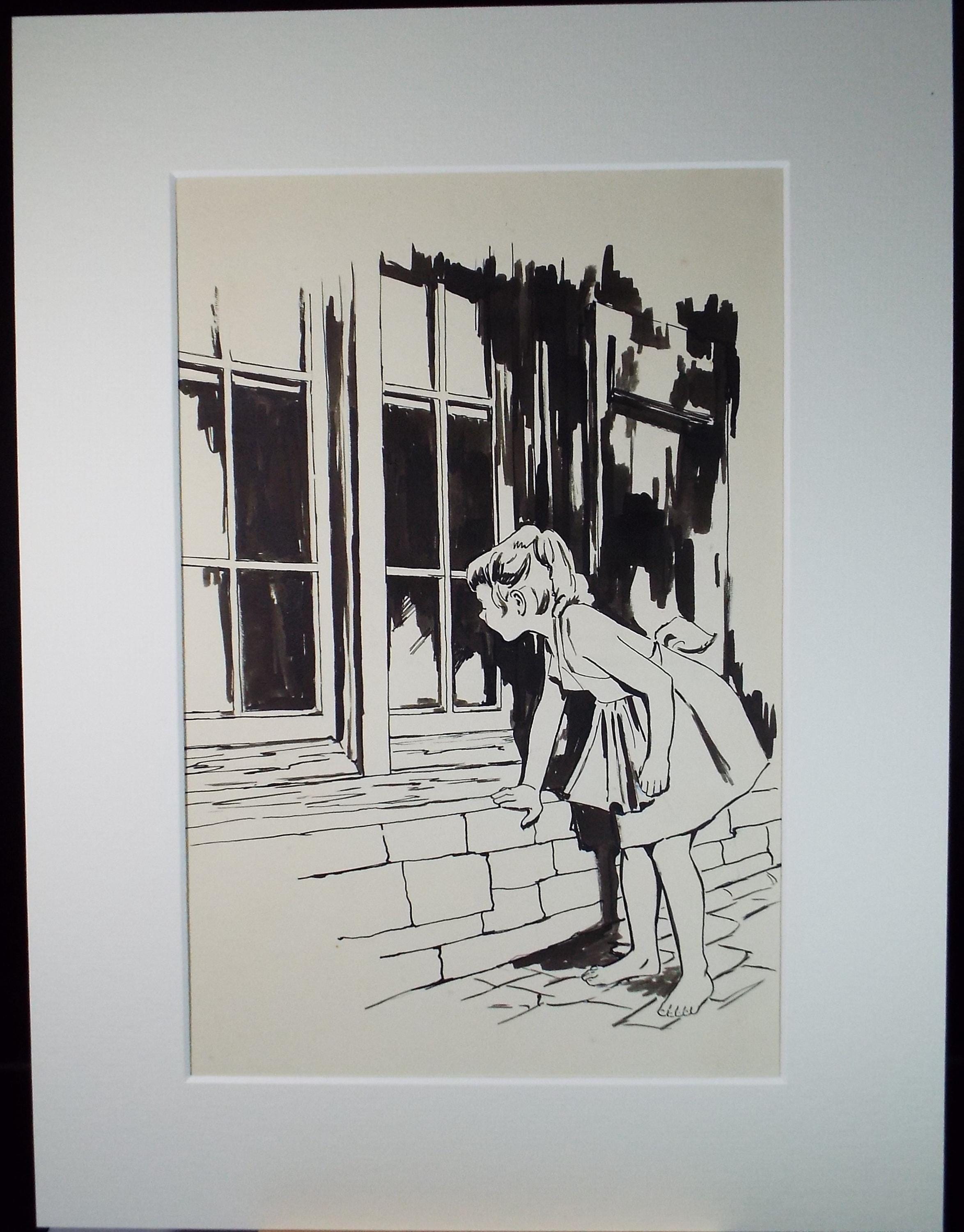 Original Pen & Ink Sketch, 'Girl at the Window', circa 1950's, Artist Unknown