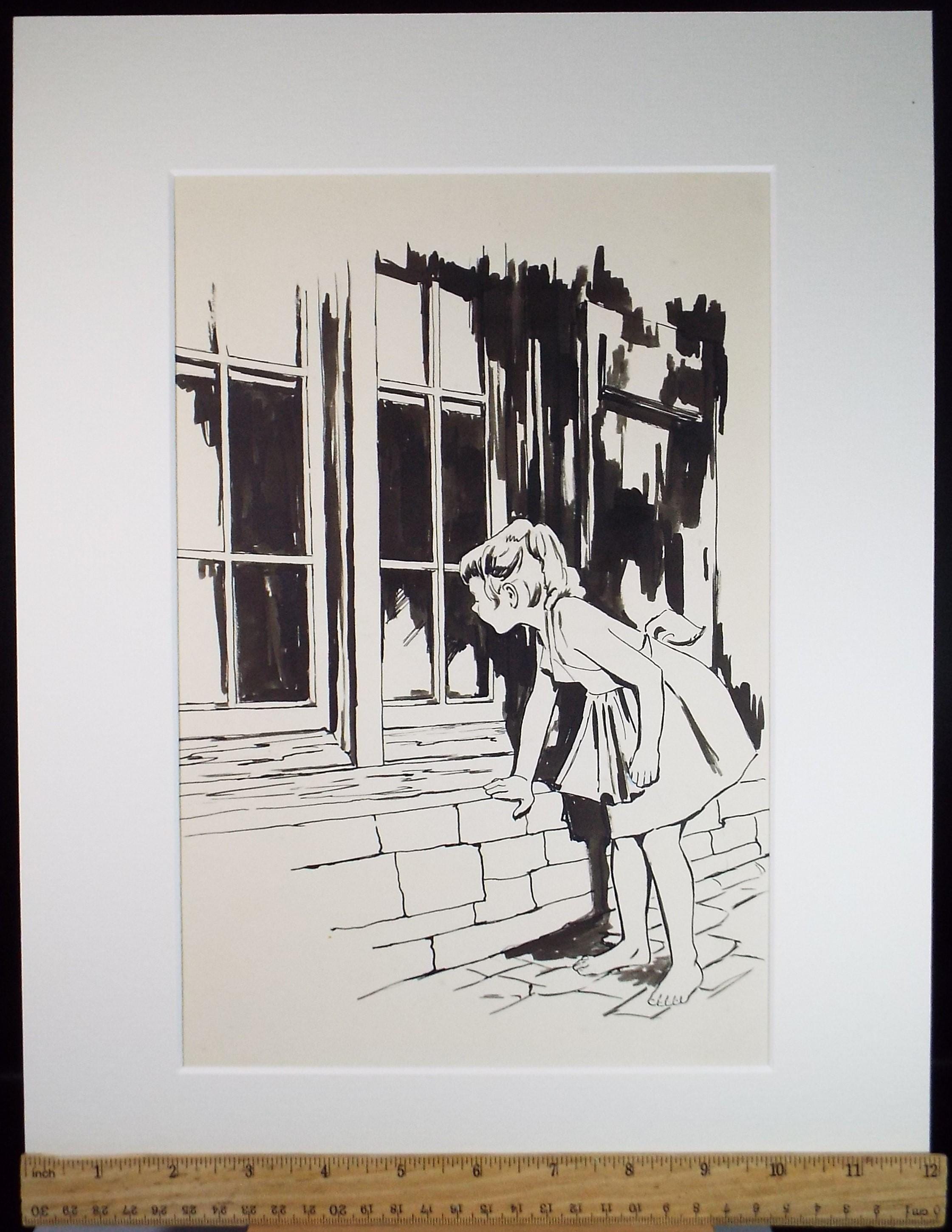 Original Pen & Ink Sketch, 'Girl at the Window', circa 1950's, Artist Unknown