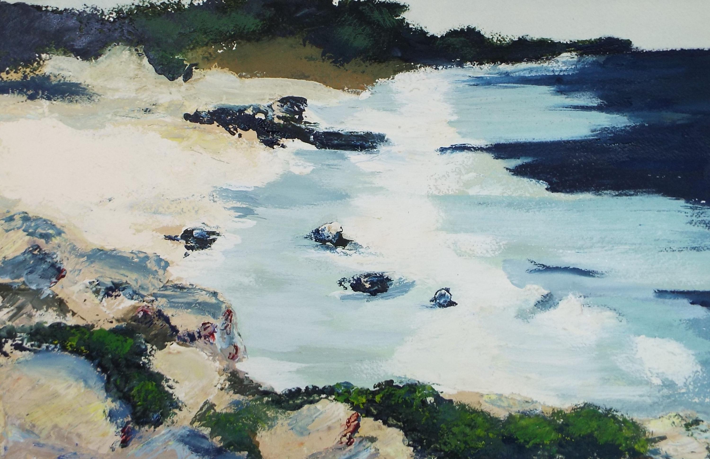 Original Gouache on paper, 'Breaking waves', Unknown Artist, circa 1980's - Marine Landscape