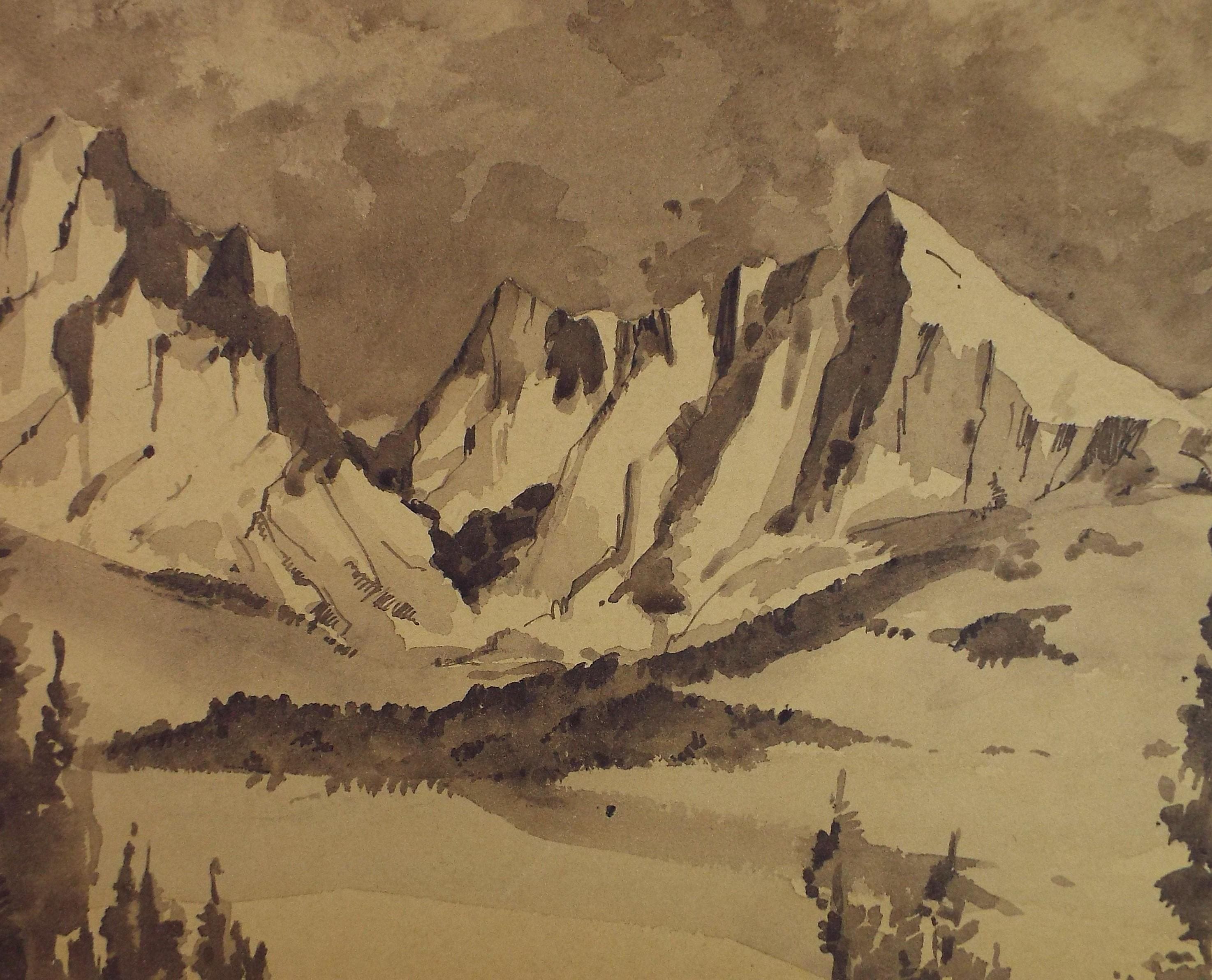 Original Sepia Watercolour, 'Mountain Study', Artist Unknown, circa 1950's