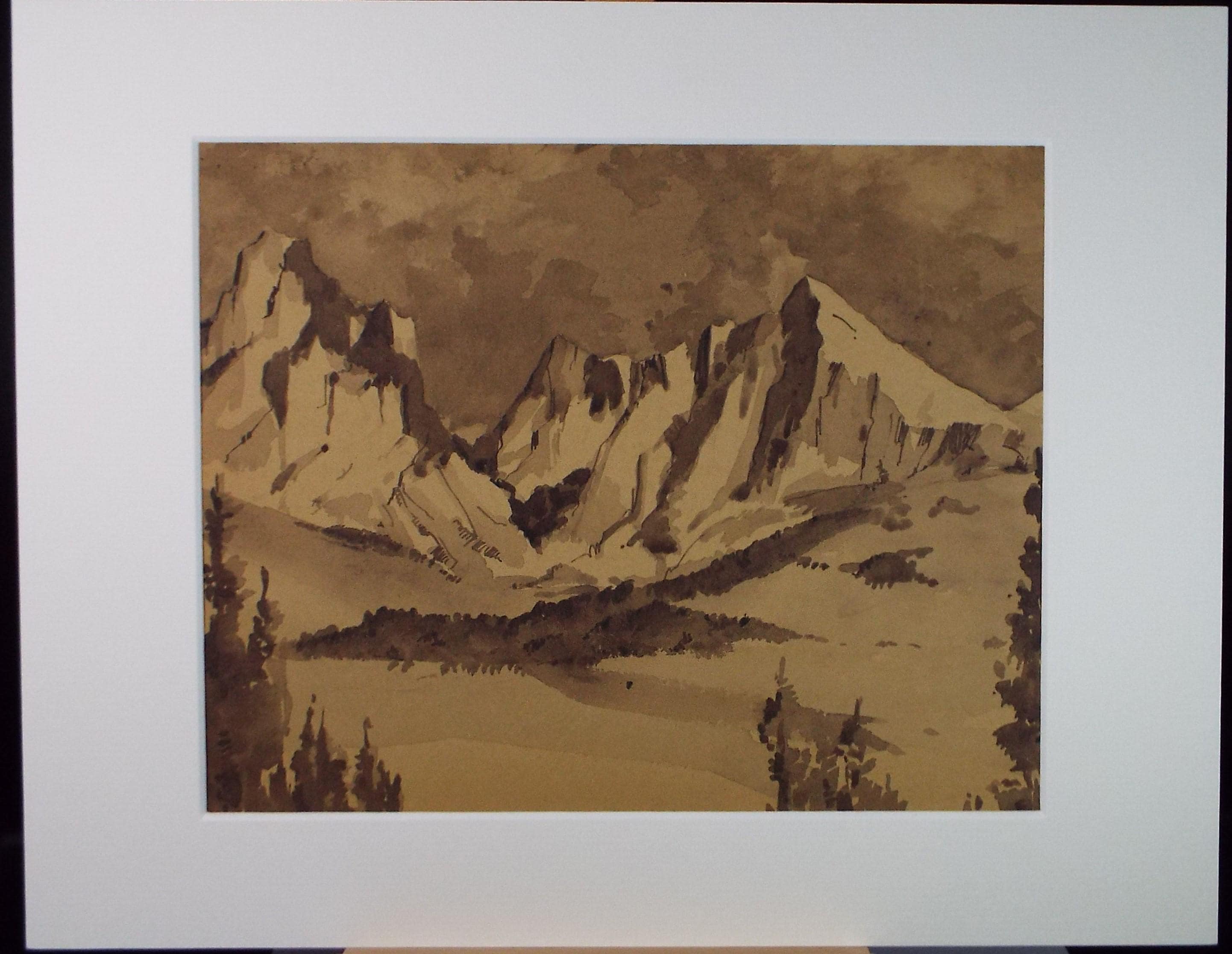 Original Sepia Watercolour, 'Mountain Study', Artist Unknown, circa 1950's