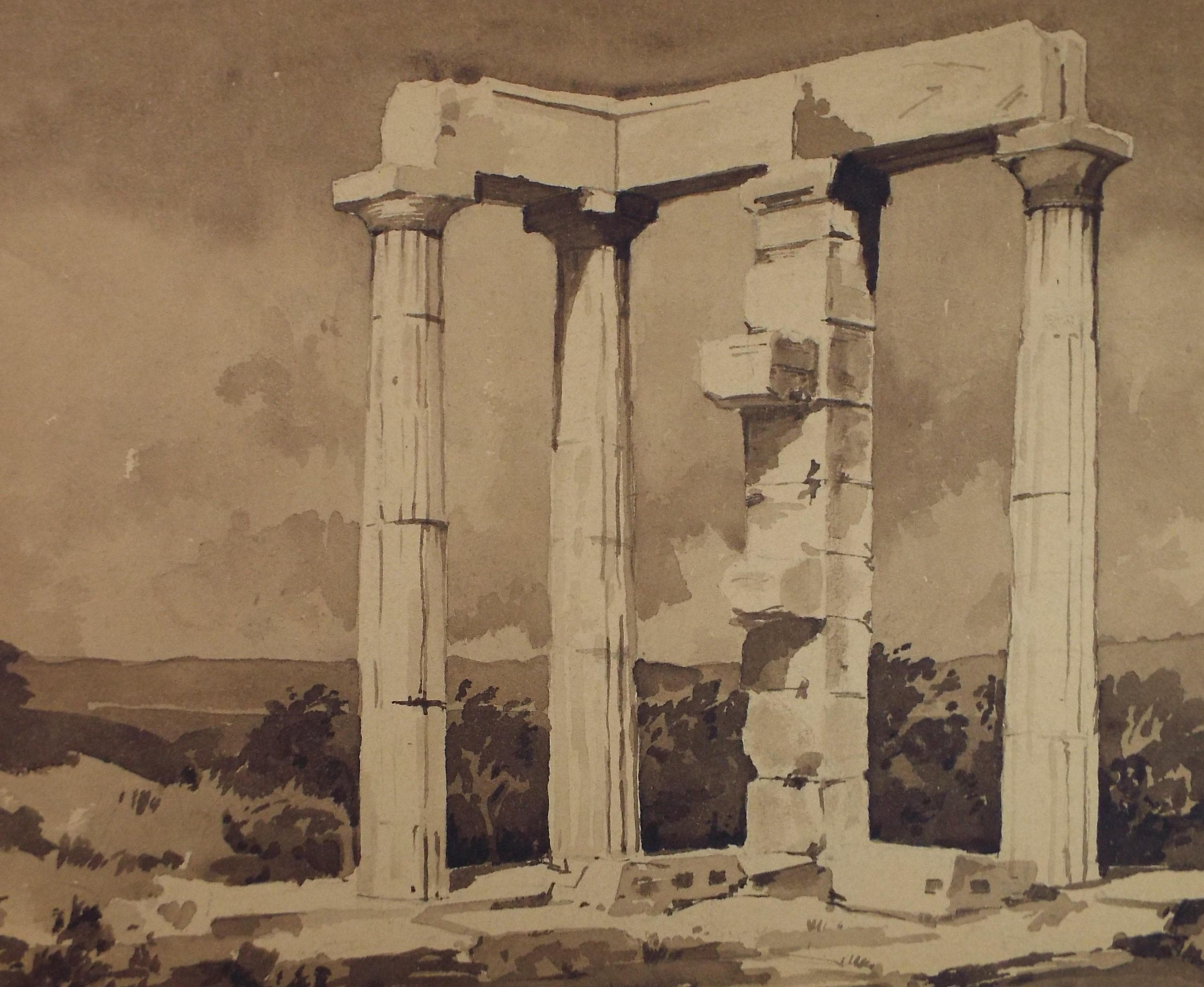 Original Sepia Watercolour, 'Gecian Temple', Artist Unknown, circa 1950's