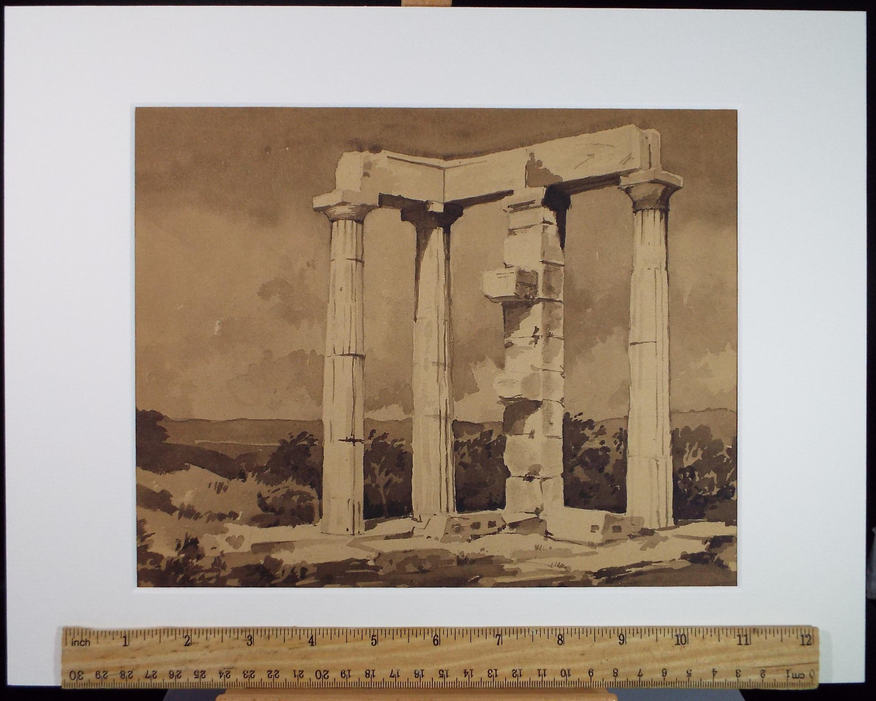 Original Sepia Watercolour, 'Gecian Temple', Artist Unknown, circa 1950's