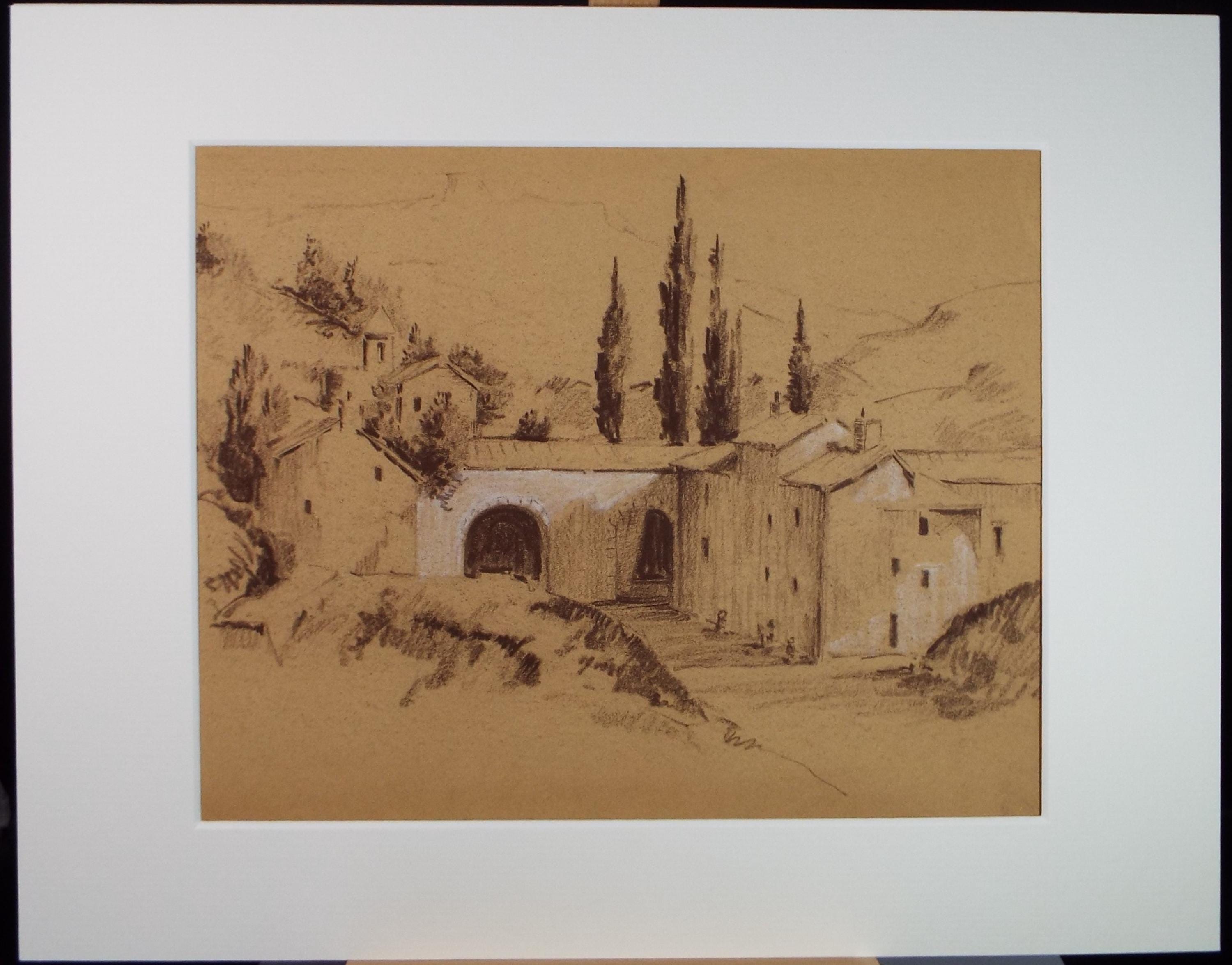 Original Pastel Drawing, 'Italian Farmhouse', Artist Unknown, circa 1950's