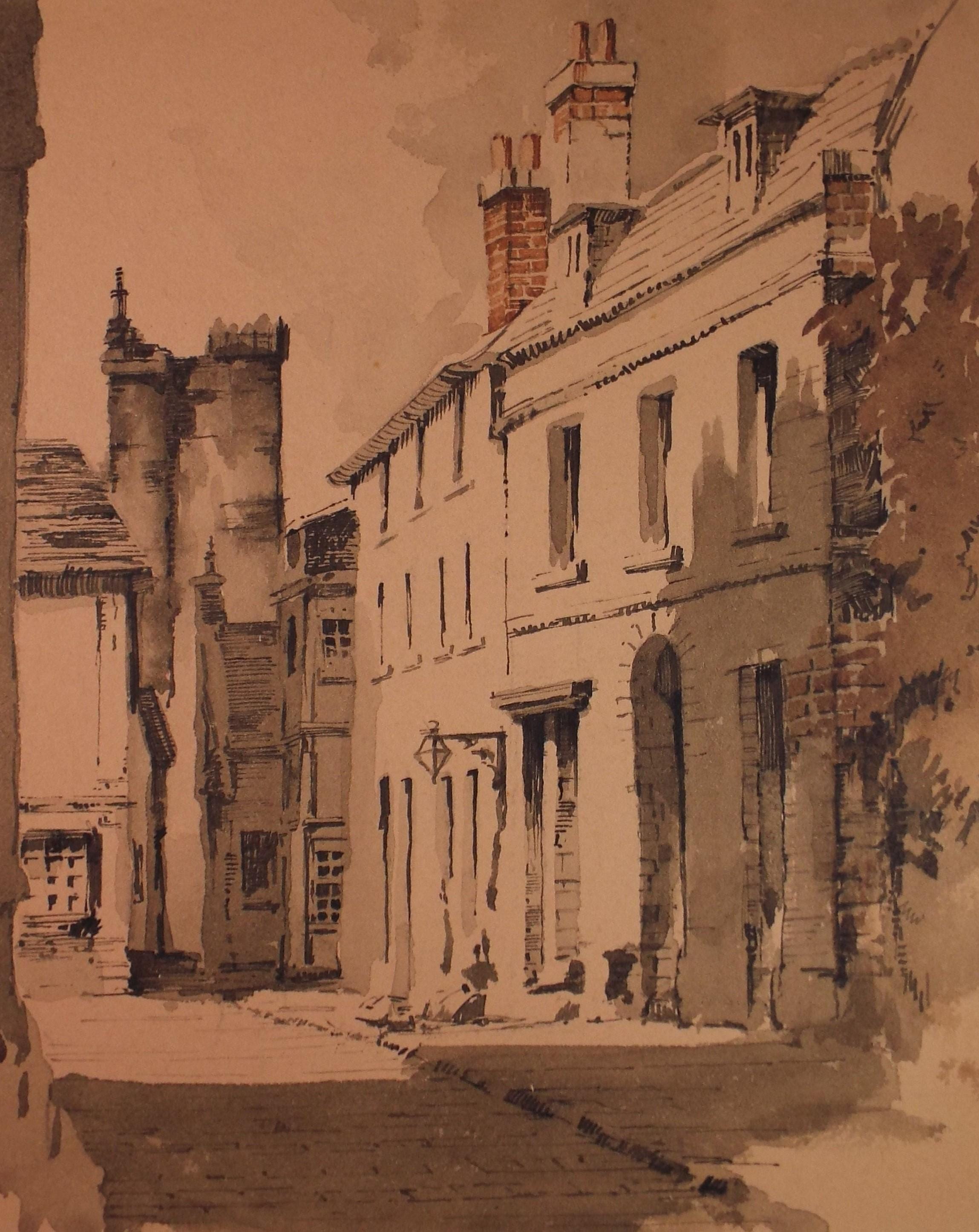 Original Sepia Watercolour, 'Streetscape', Artist Unknown, circa 1950's