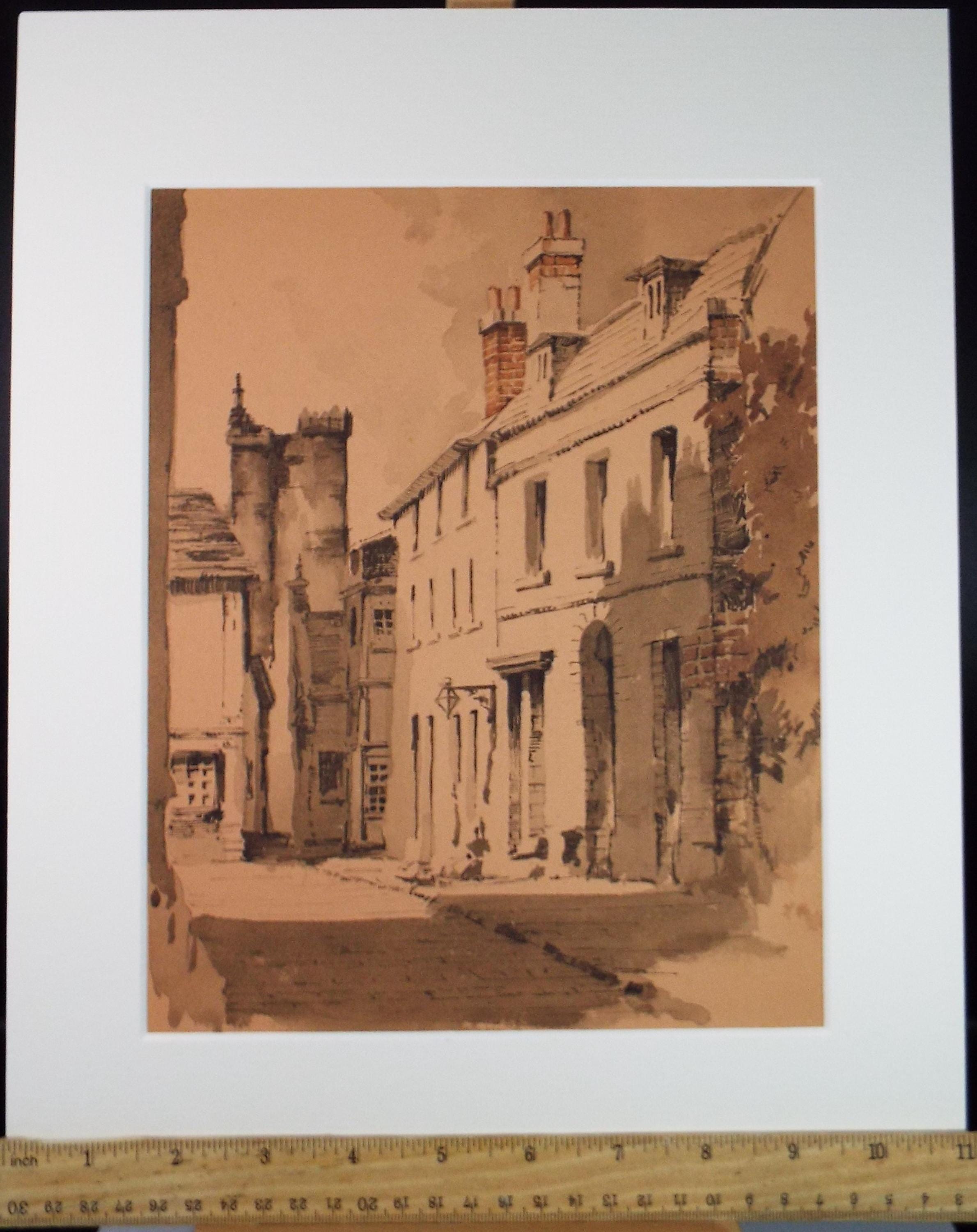 Original Sepia Watercolour, 'Streetscape', Artist Unknown, circa 1950's