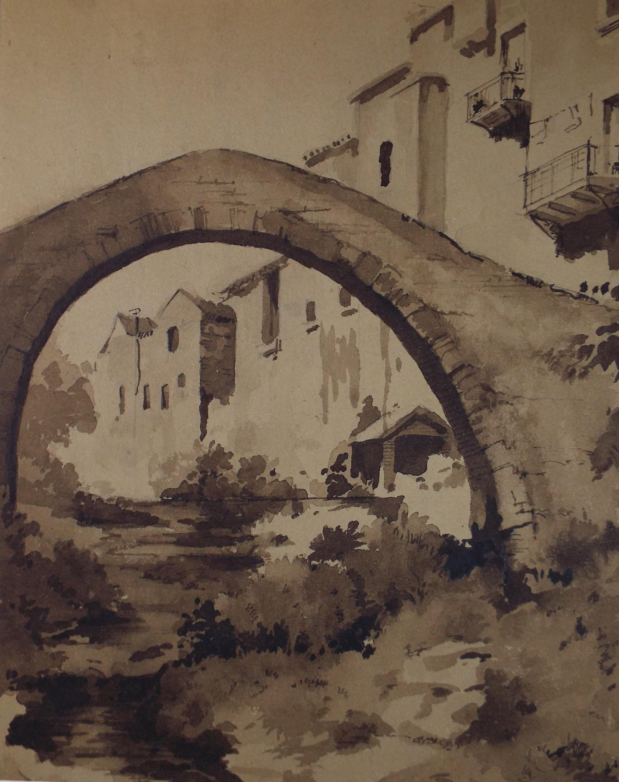 Original Sepia Watercolour, 'Italian Bridge', Artist Unknown, circa 1950's