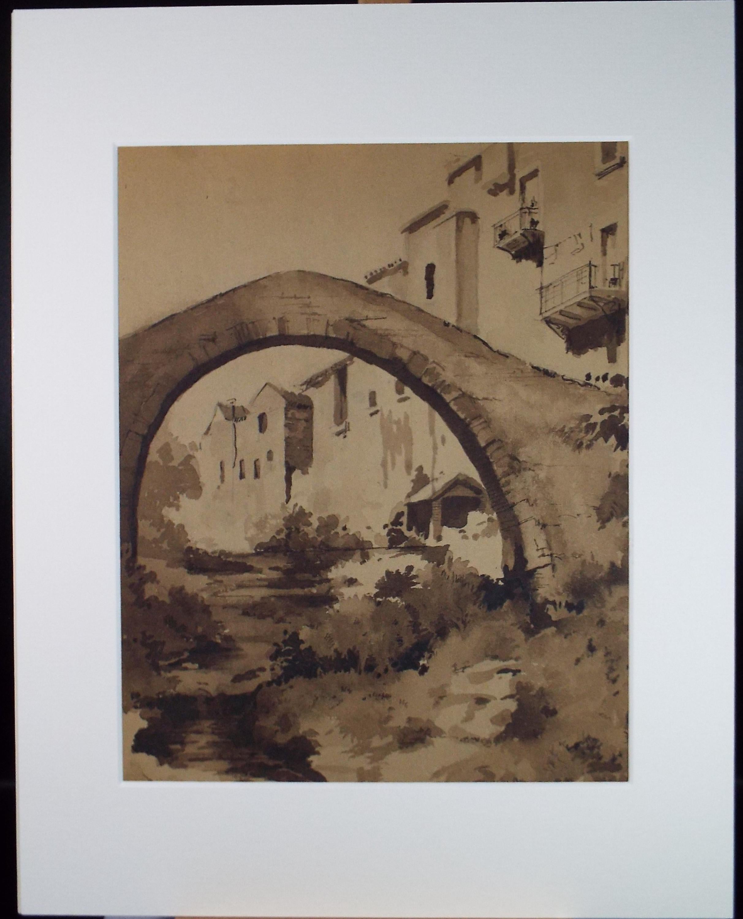 Original Sepia Watercolour, 'Italian Bridge', Artist Unknown, circa 1950's