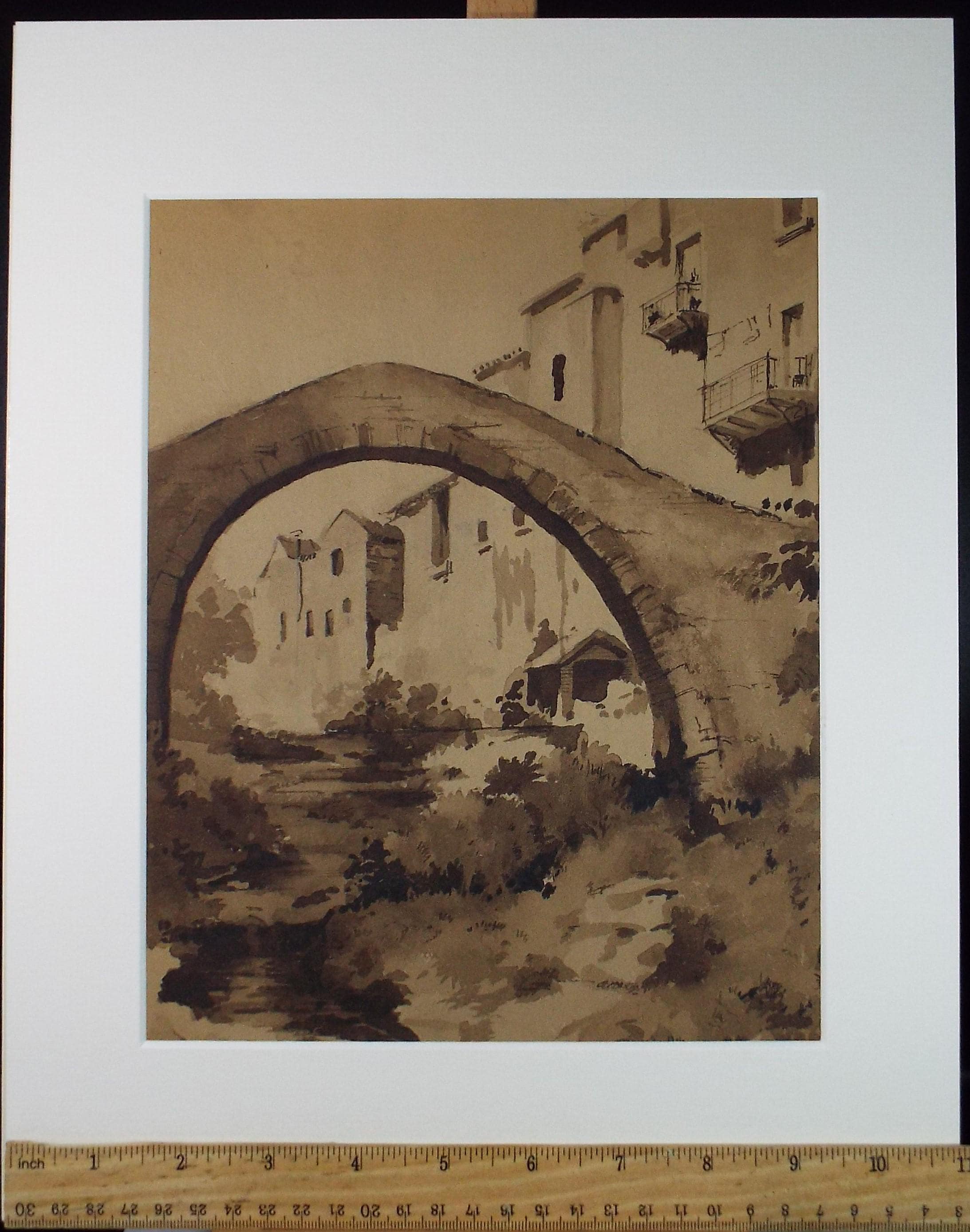 Original Sepia Watercolour, 'Italian Bridge', Artist Unknown, circa 1950's